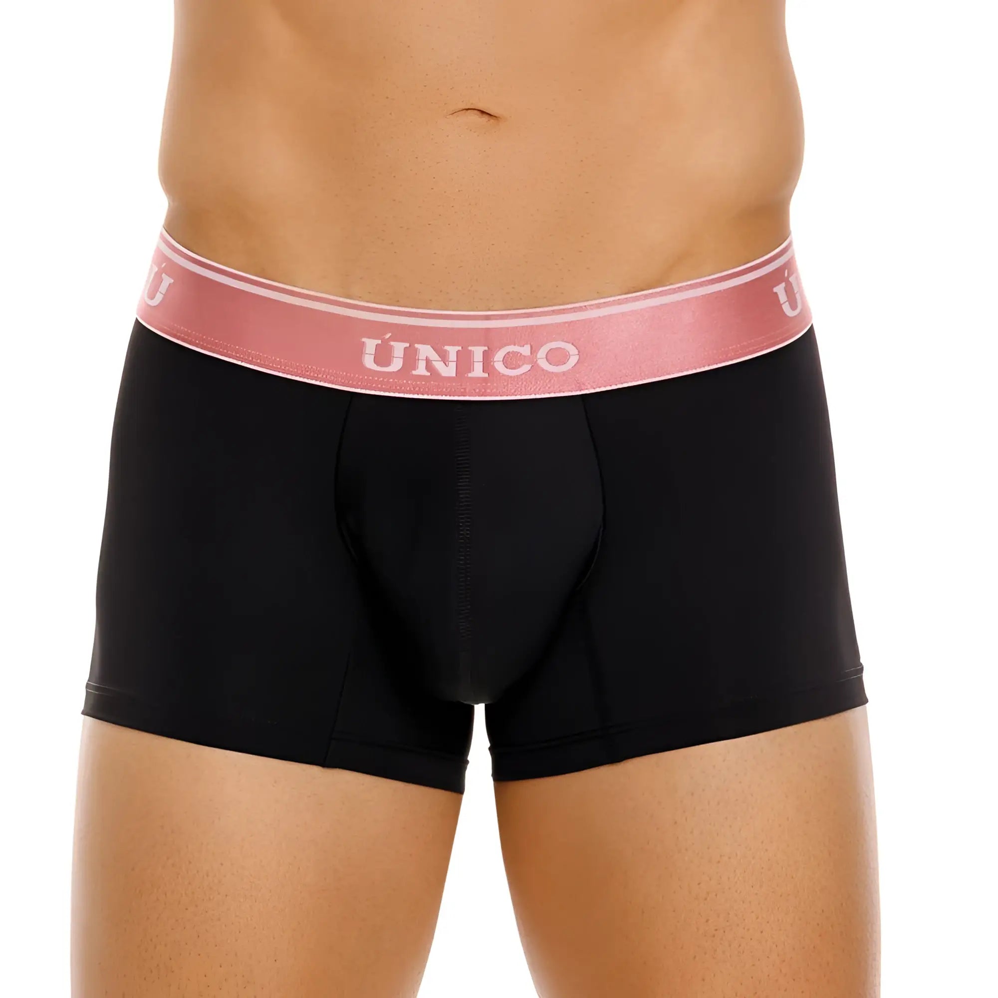 Black unico 24110100108 oro rosa trunks with pink elastic waistband and white unico brand name on black briefs