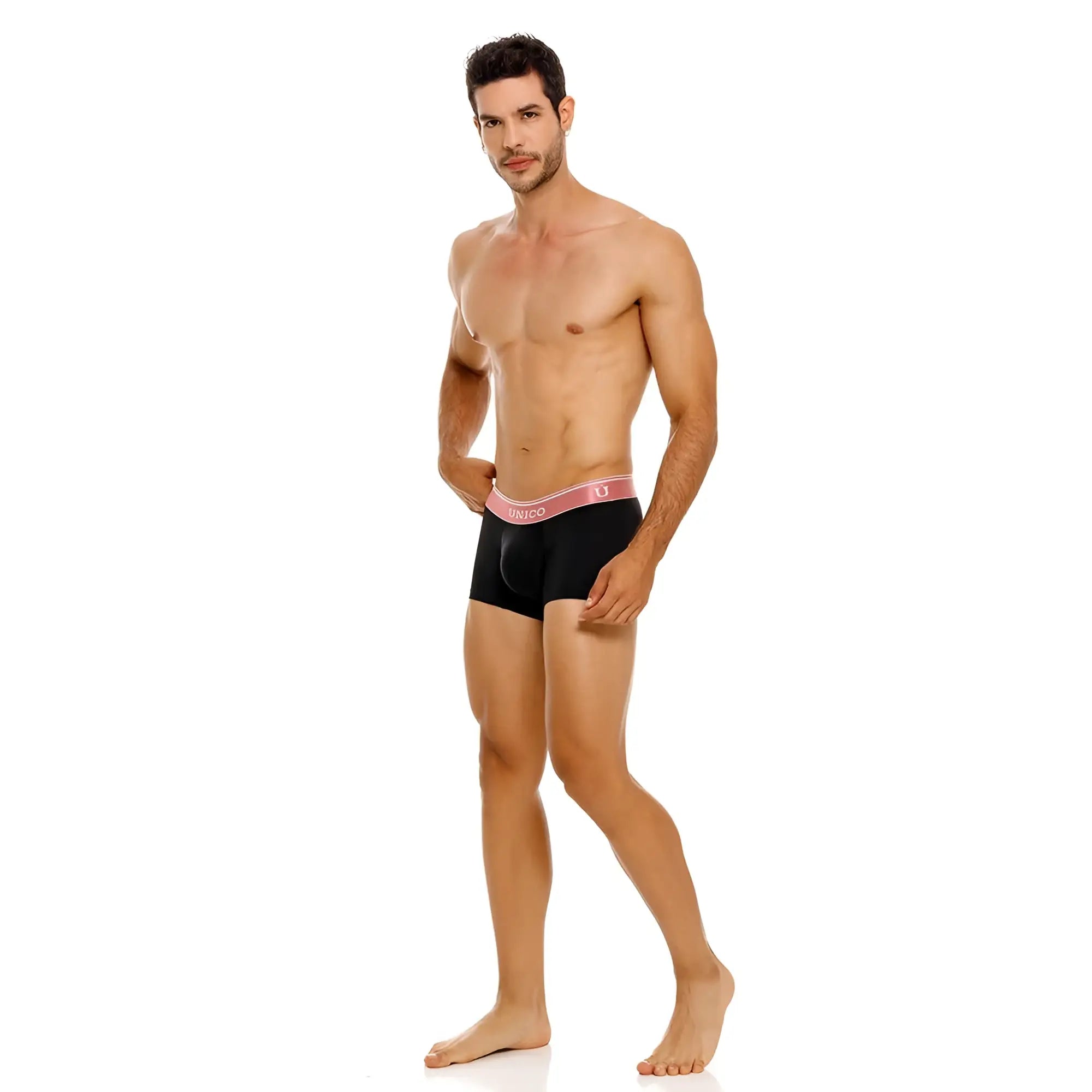 Black briefs with a pink dunco waistband from unico 24110100108 oro rosa trunks color 99-black featuring white lettering