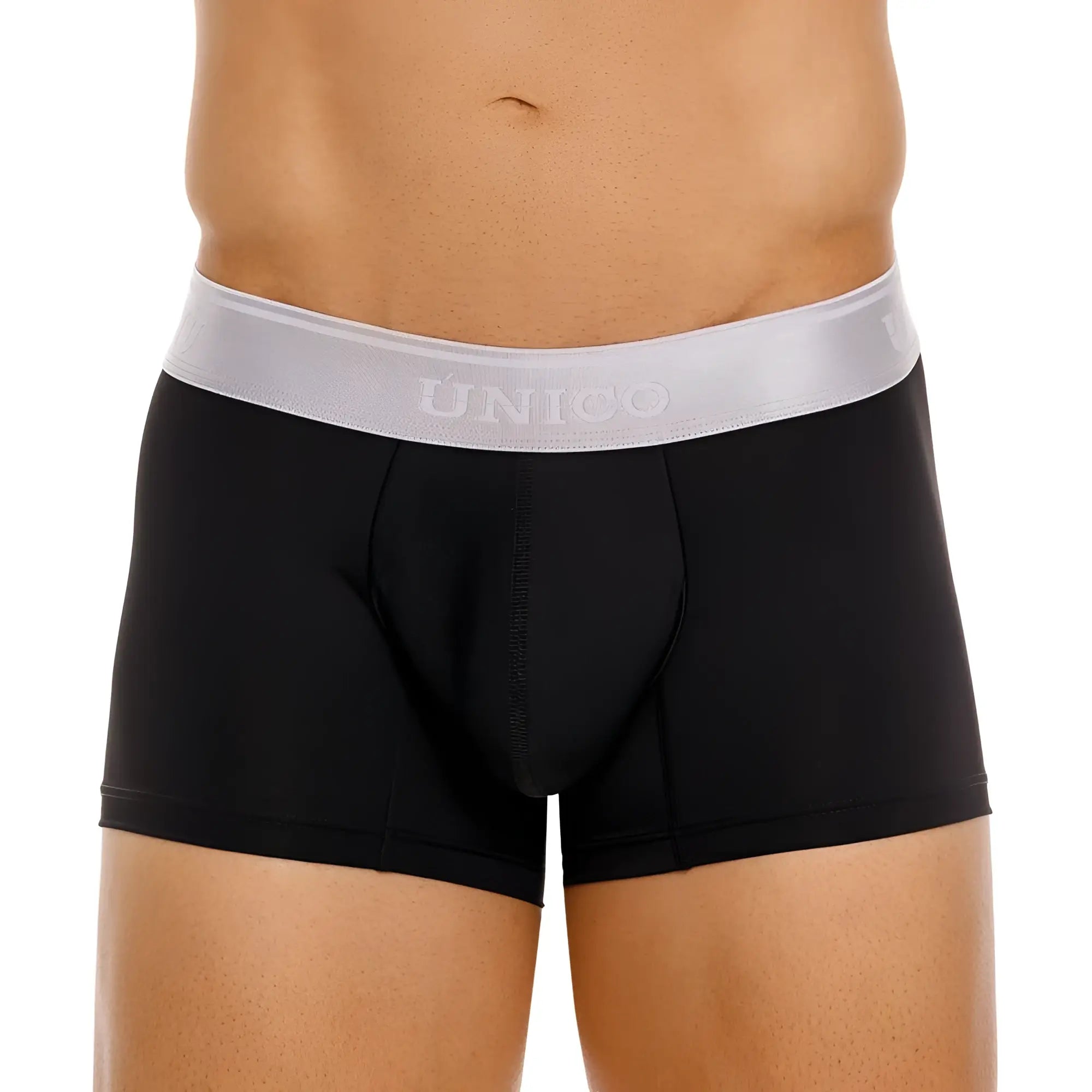 Black unico boxer briefs with silver waistband featuring argento trunks design color 99-black front view