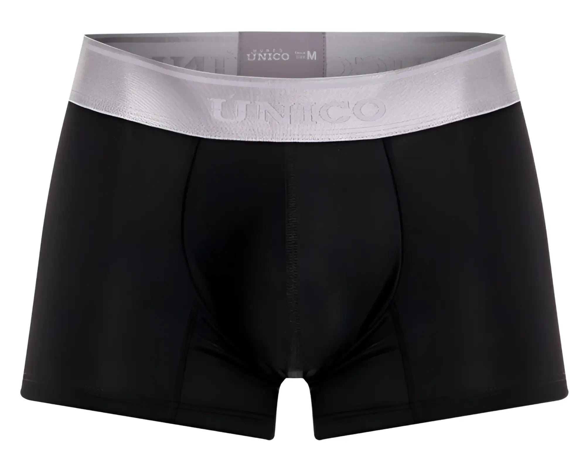 Black unico men’s boxer briefs with silver waistband featuring brand name model 24110100109 argento trunks color 99-black
