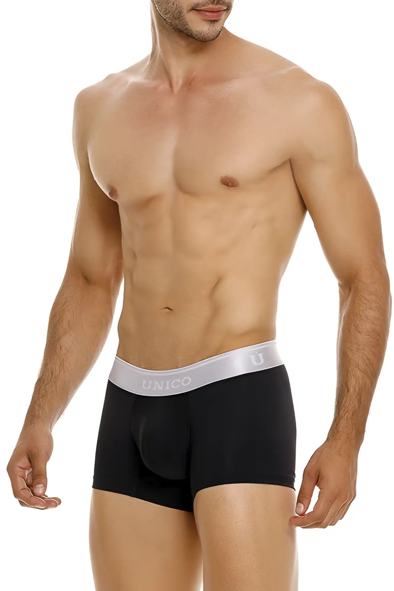 Black unico men’s briefs with silver waistband featuring brand name and logo in unico 24110100109 argento trunks