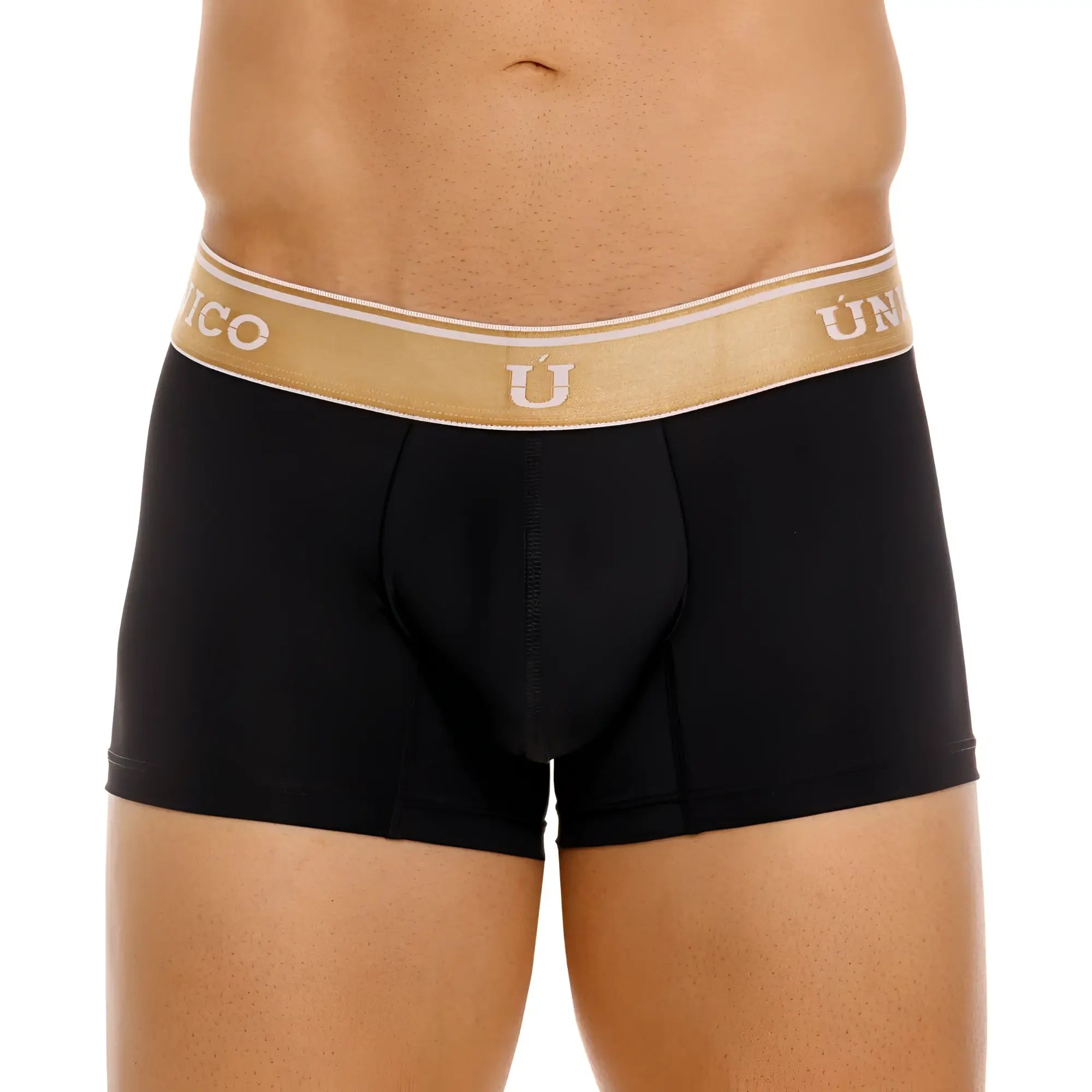 Black men’s boxer briefs unico 24110100110 lingote trunks with gold waistband and white unico branding in black