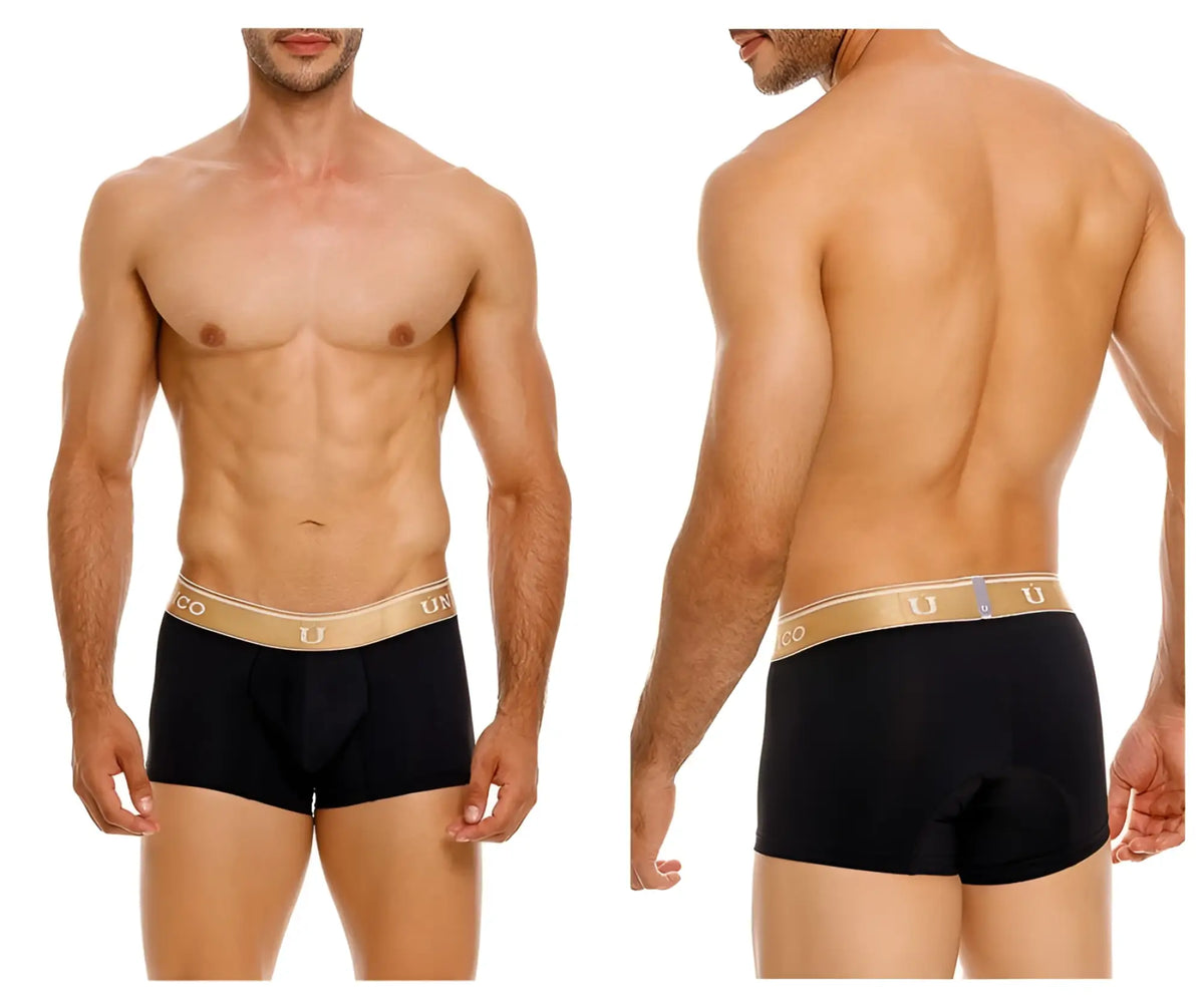 Black mens briefs with gold elastic waistband featuring unico brand logo lingote trunks color 99 black