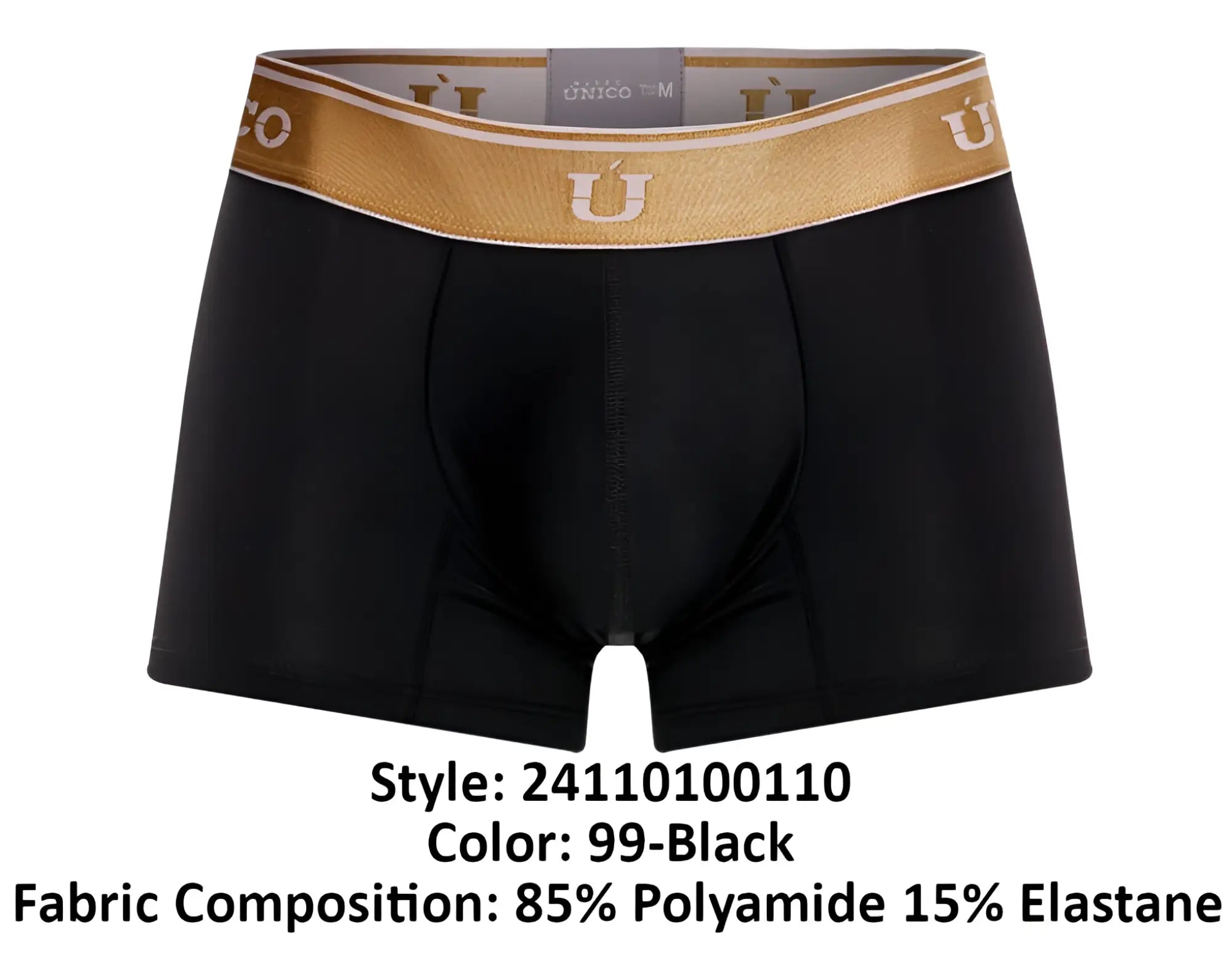 Black men’s Unico 24110100110 Lingote trunks in black with gold white u logo waistband made of 85% polyamide 15% elastane