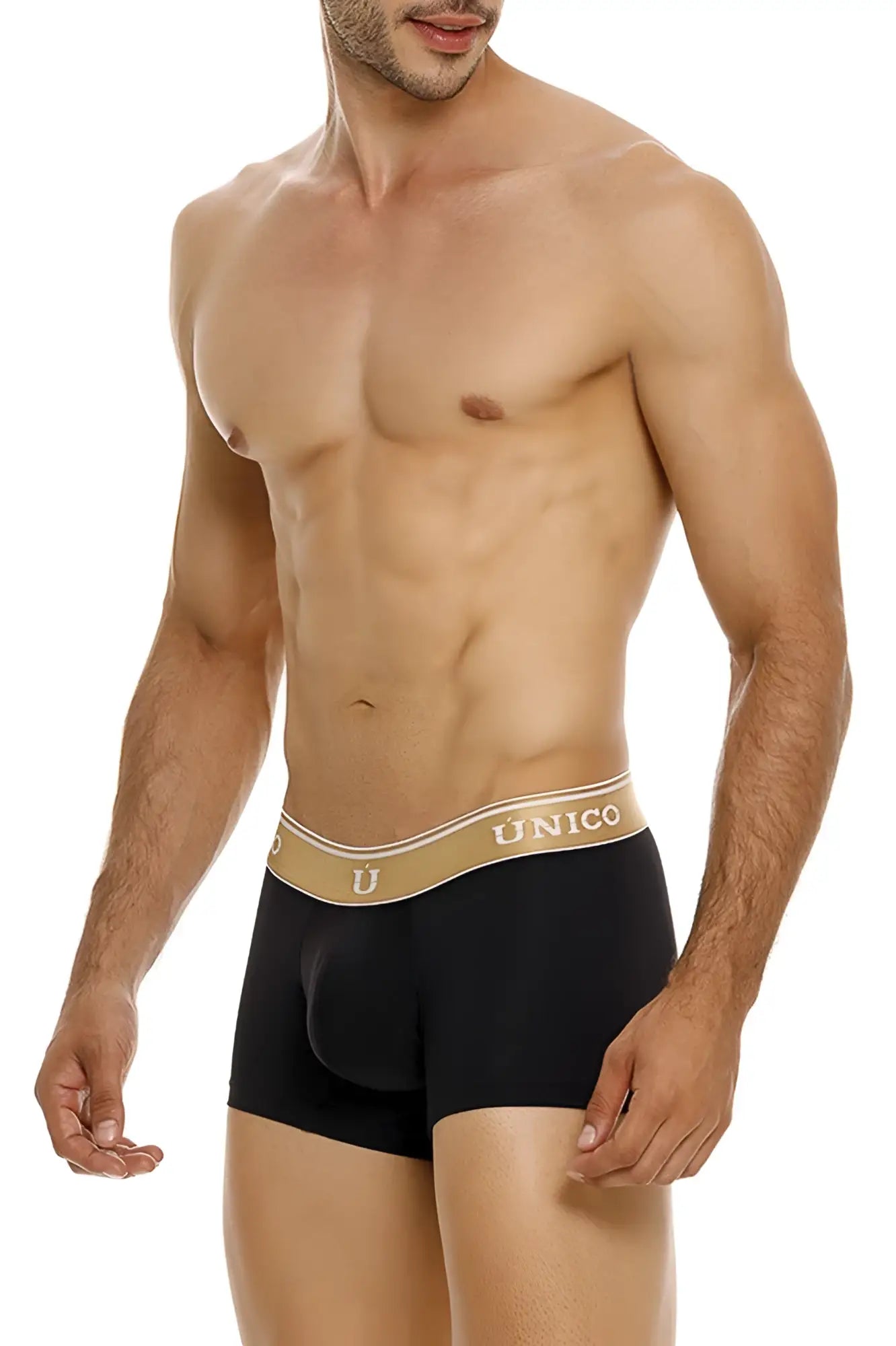 Black unico 24110100110 lingote trunks with tan waistband featuring gold unico branding in front