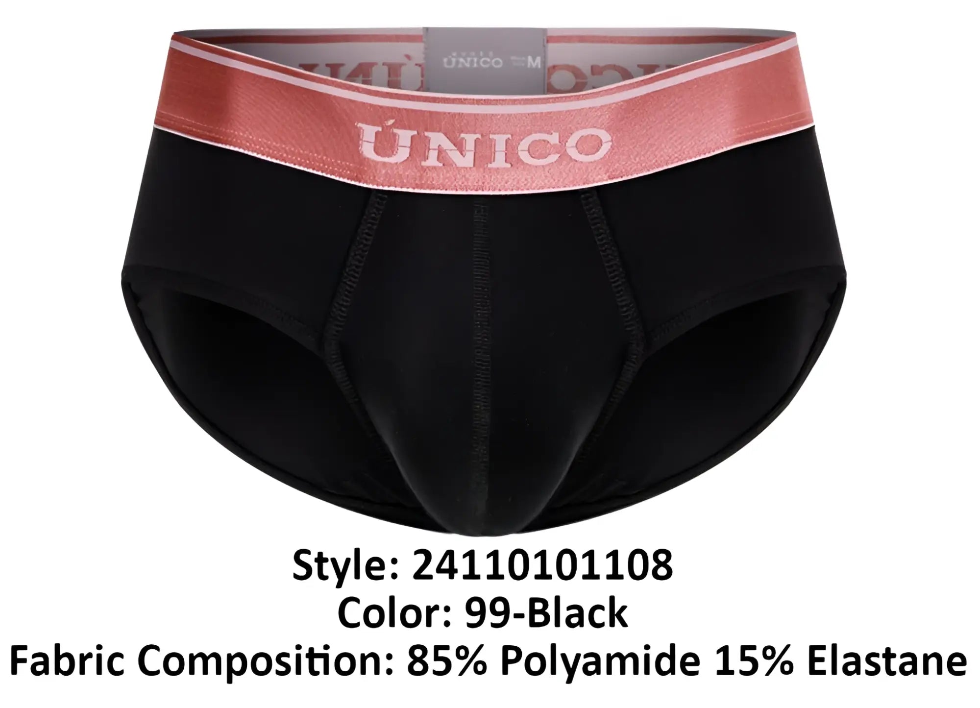 Black unico men’s briefs with rose-colored elastic waistband featuring the brand name in white lettering color 99-black