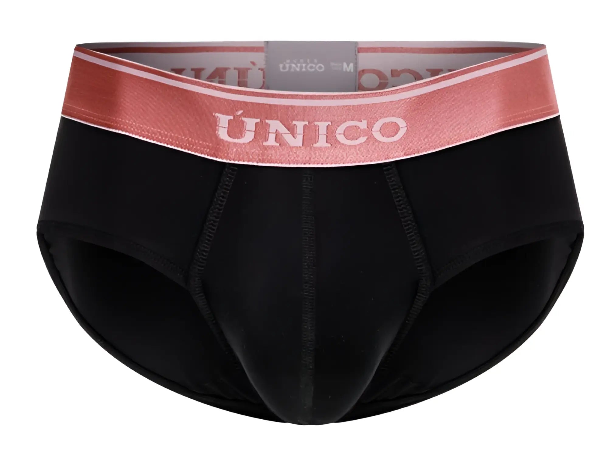 Black unico mens briefs with rose-colored elastic waistband and white unico branding in color 99-black