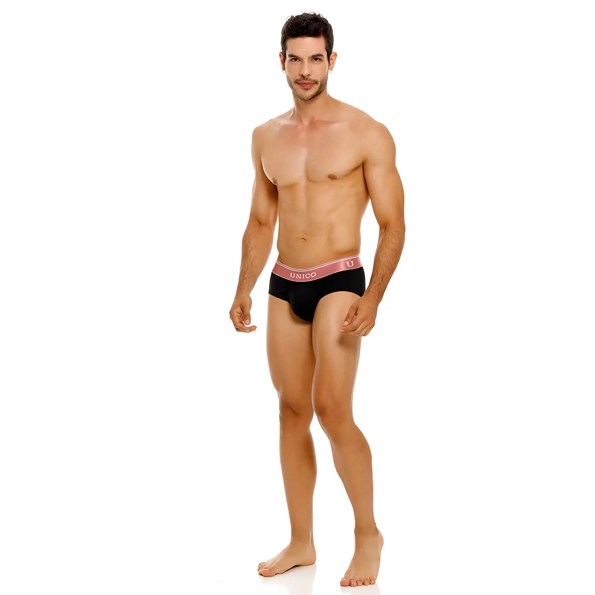 Black unico briefs with pink elastic waistband featuring the unico logo in color 99 black from oro rosa collection