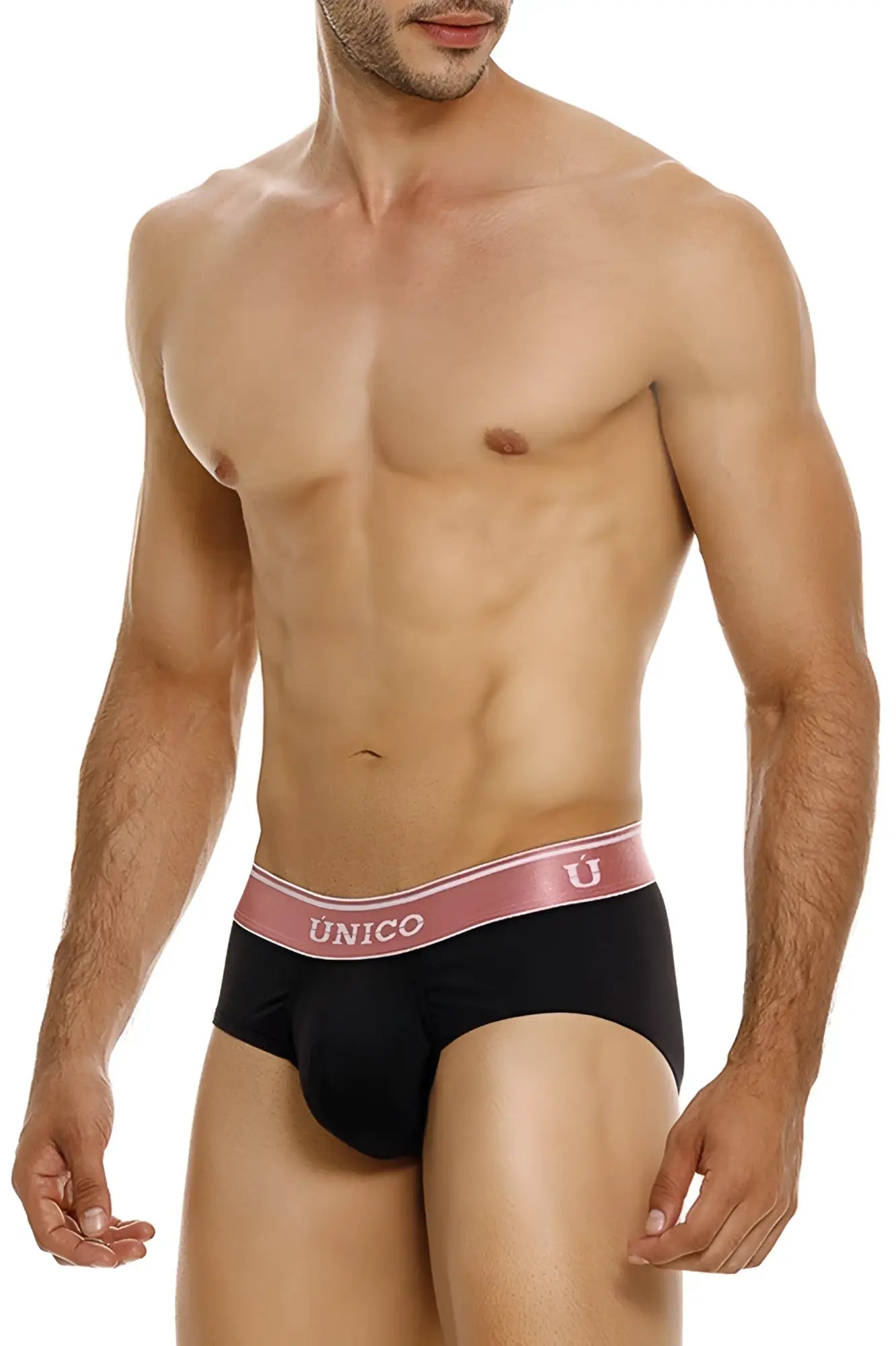 Black unico briefs with a pink waistband featuring the unico logo in oro rosa color 99-black