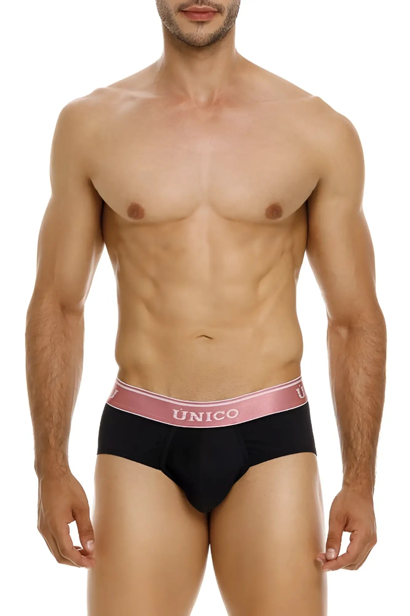 Black únicO briefs with a pink waistband and white brand lettering from the oro rosa collection color 99-black