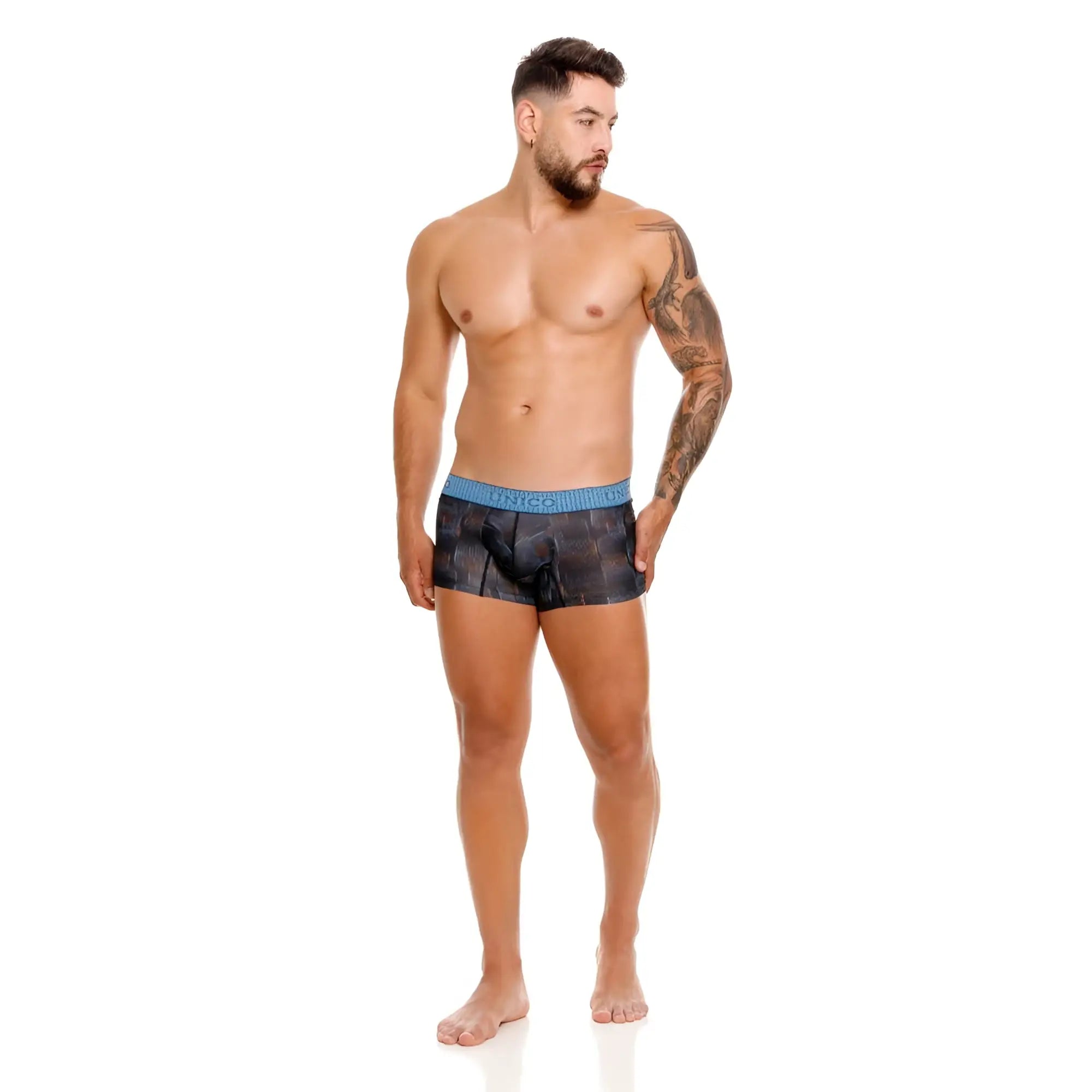 Unico epitome trunks boxer briefs in blue and black pattern with solid blue waistband for comfortable wear