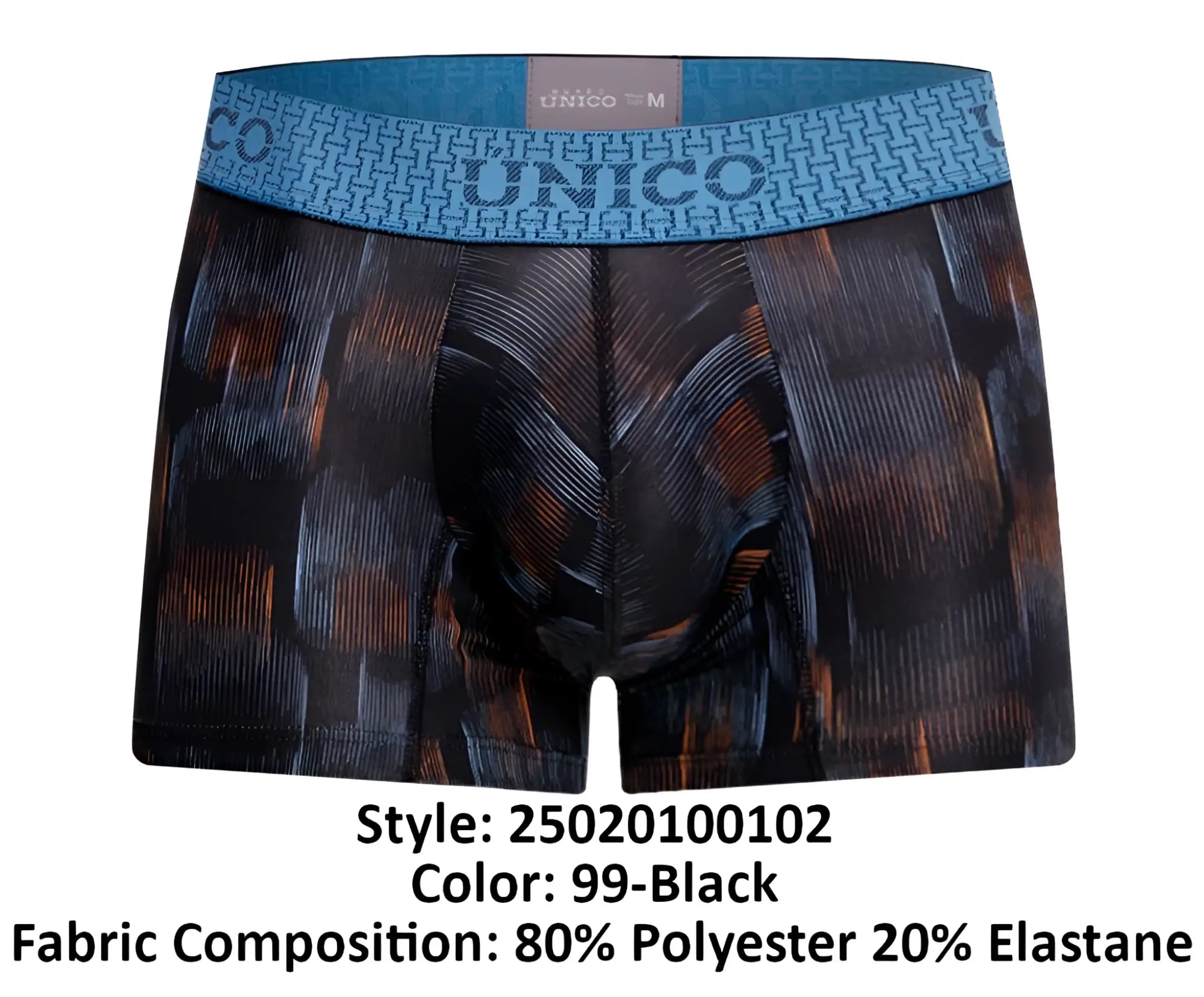 Black unico epitome trunks with textured brown and gray pattern and blue waistband featuring unico brand name