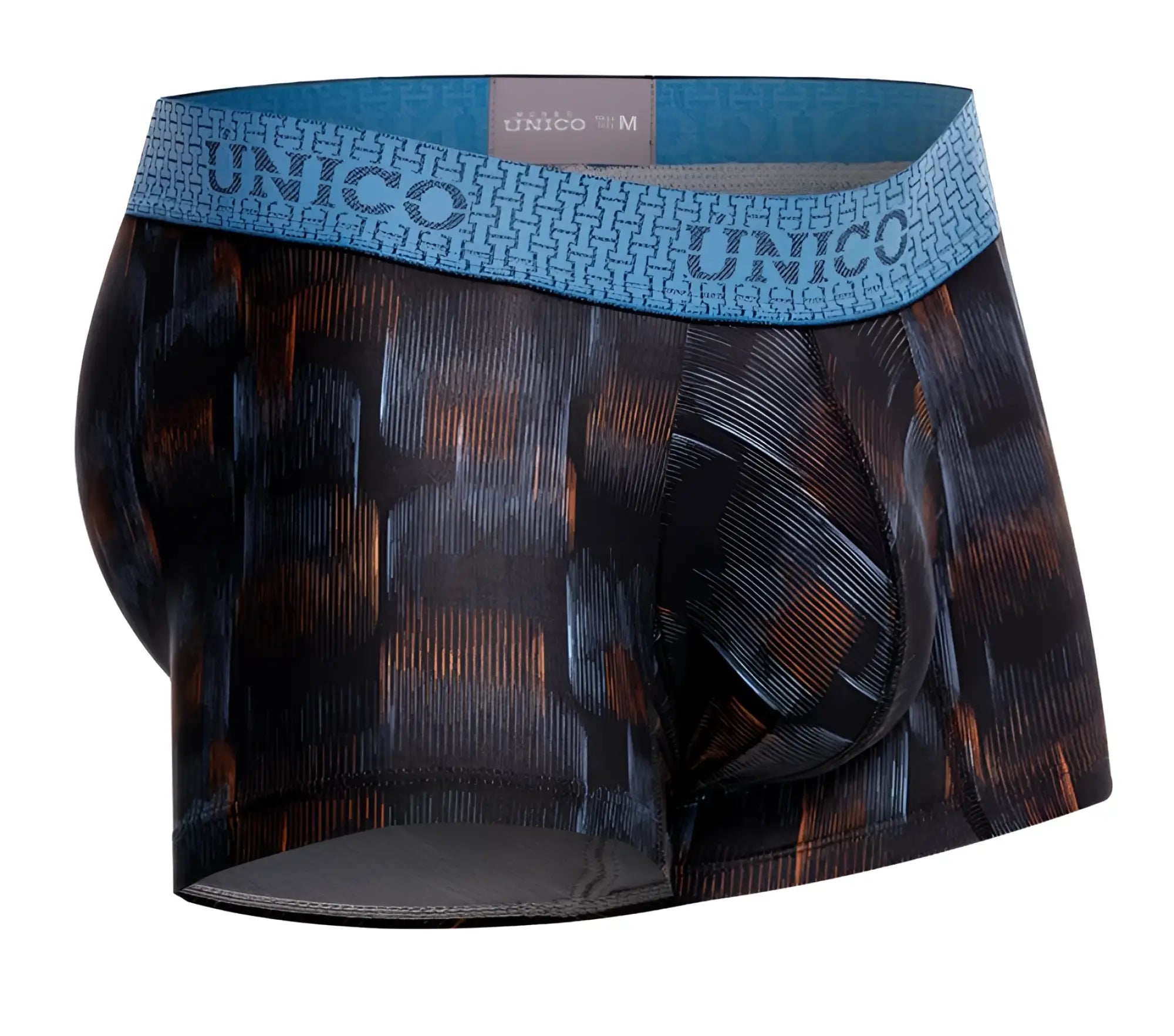Men’s unico 25020100102 epitome trunks boxer briefs with dark geometric pattern and light blue branded waistband
