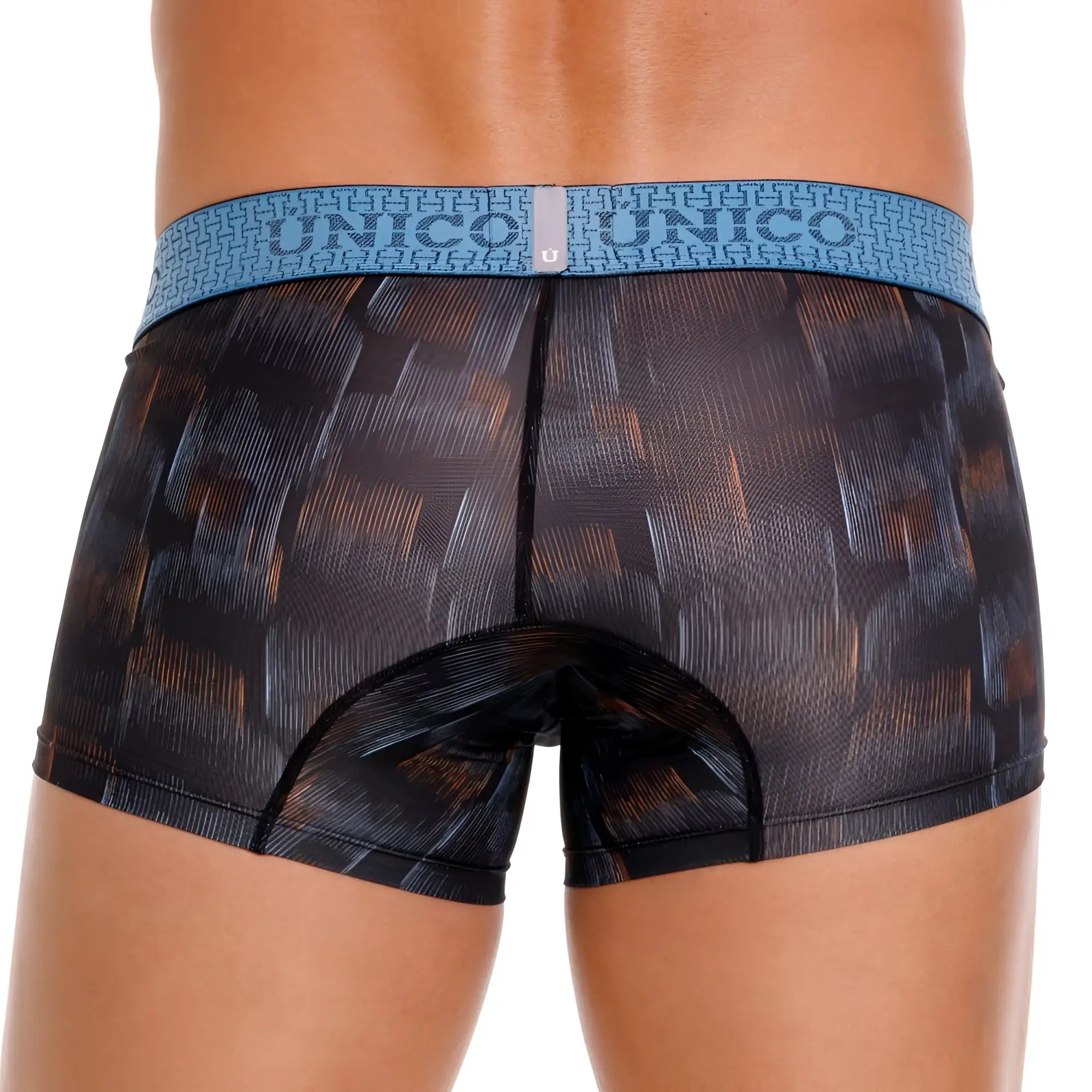 Unico 25020100102 epitome trunks color 99 black boxer briefs with black and orange pattern and blue unico waistband
