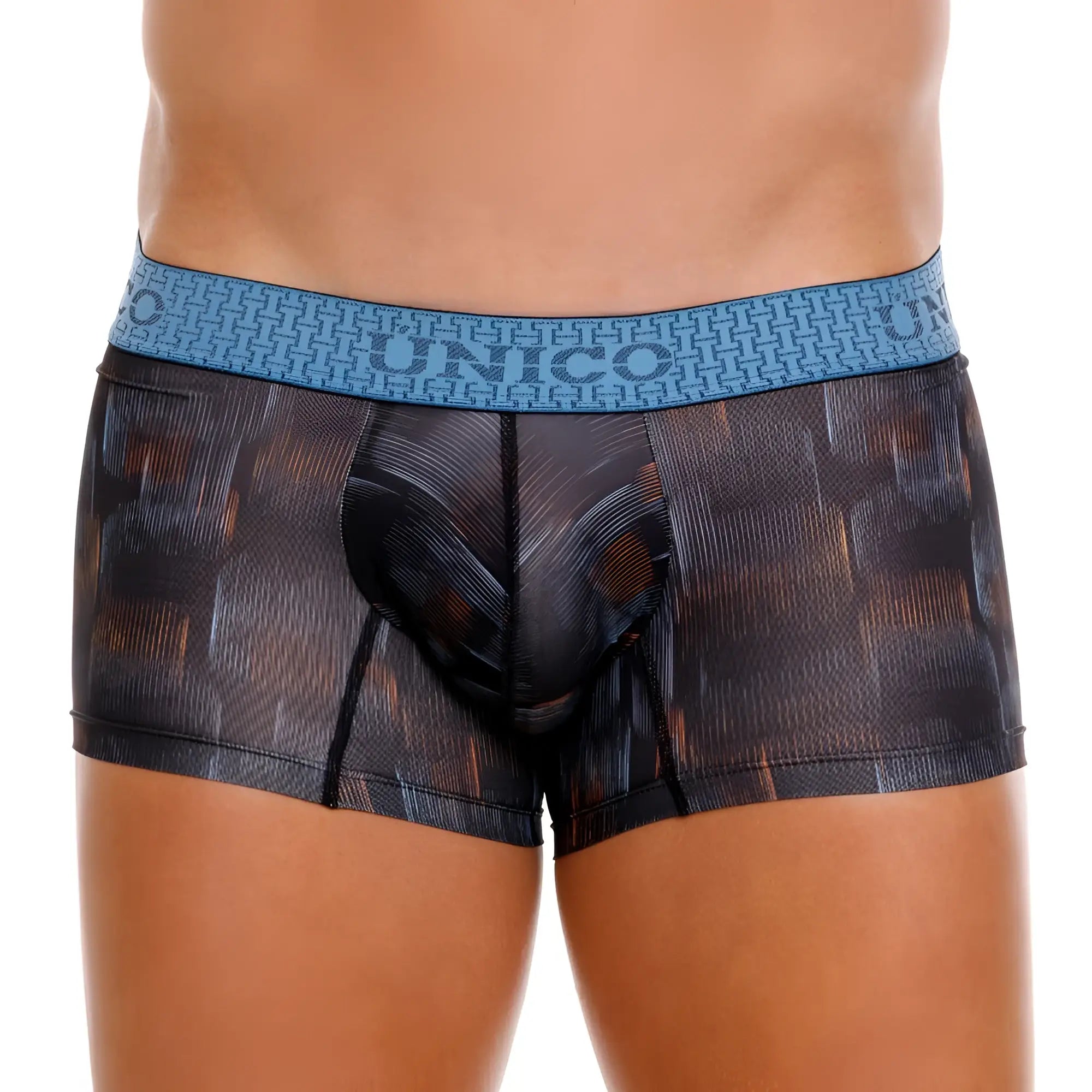 Black and orange patterned unico men’s boxer briefs with a blue woven waistband epitome trunks color 99-black