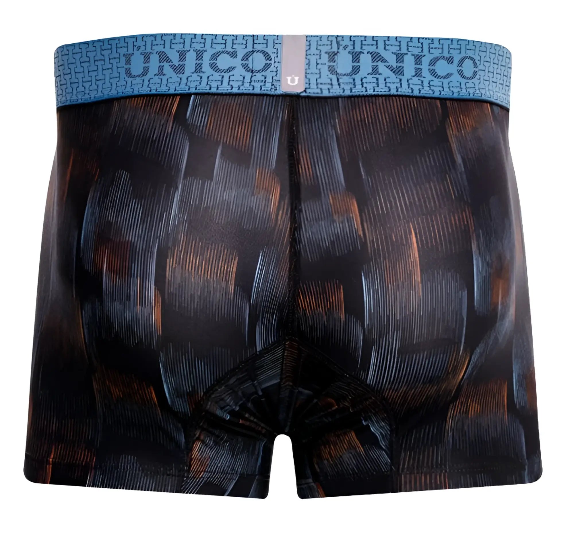 Black and orange patterned Unico 25020100102 Epitome men’s boxer briefs with blue waistband featuring brand name
