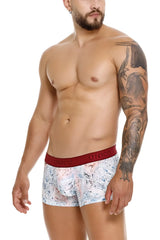 White boxer briefs with a pink blue and gray marbled pattern and a red unico branded elastic waistband