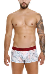 White boxer briefs unico 25020100103 rizo trunks with pink blue abstract pattern and red elastic waistband