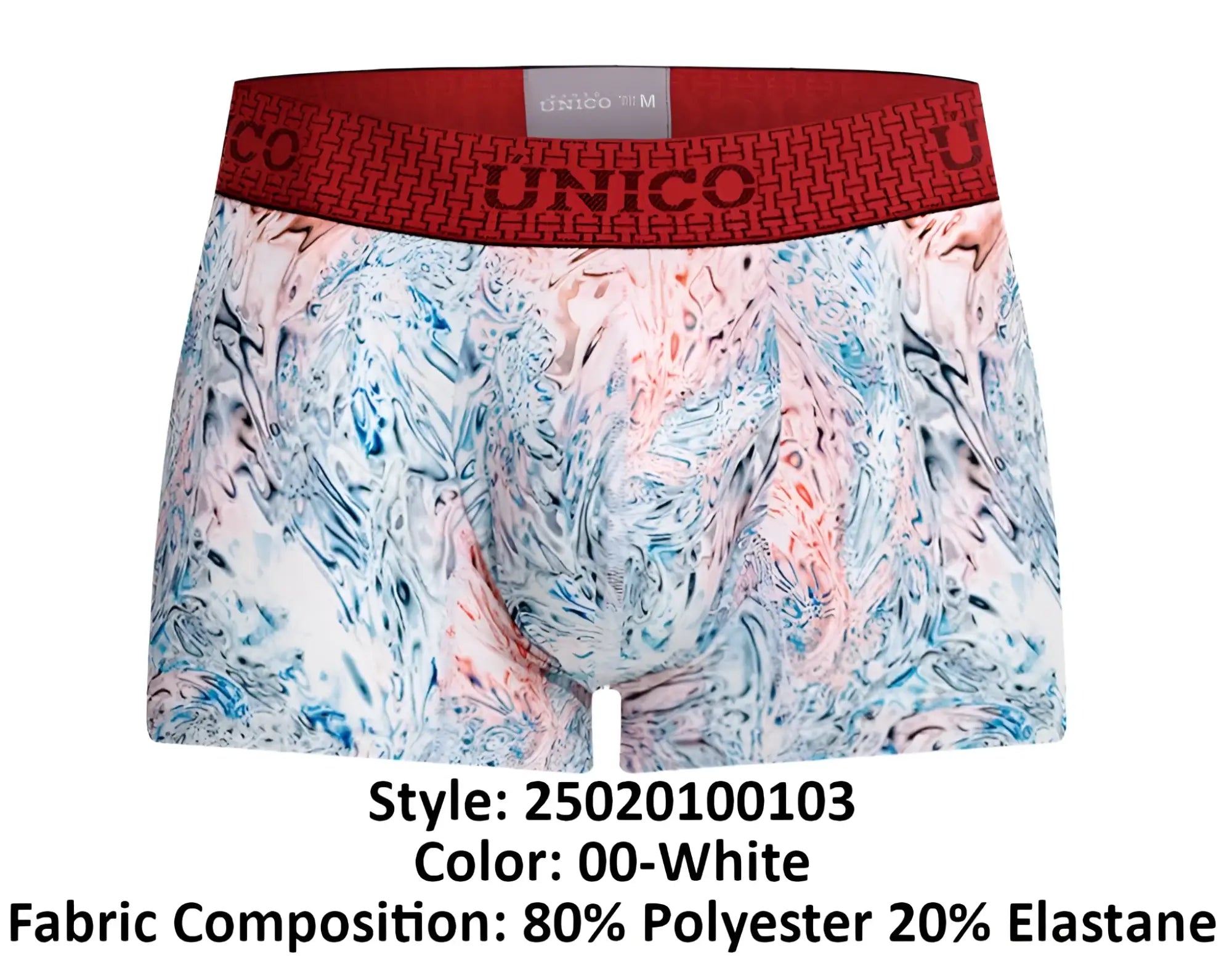 White unico 25020100103 rizo trunks boxer briefs with blue pink gray marbled front and red branded elastic waistband