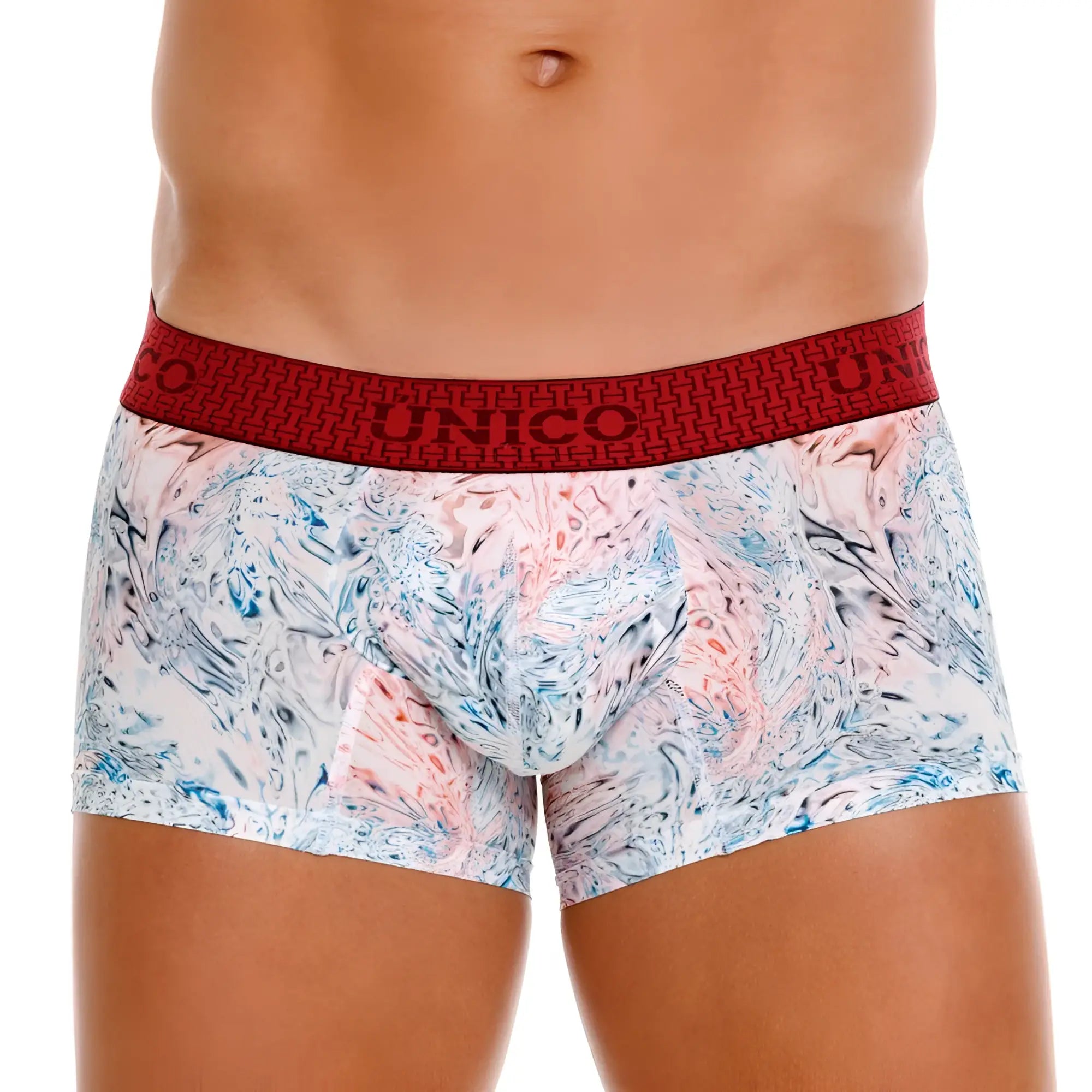 Unico 25020100103 rizo trunks white men’s briefs with swirling blue pink abstract patterns and red unico waistband