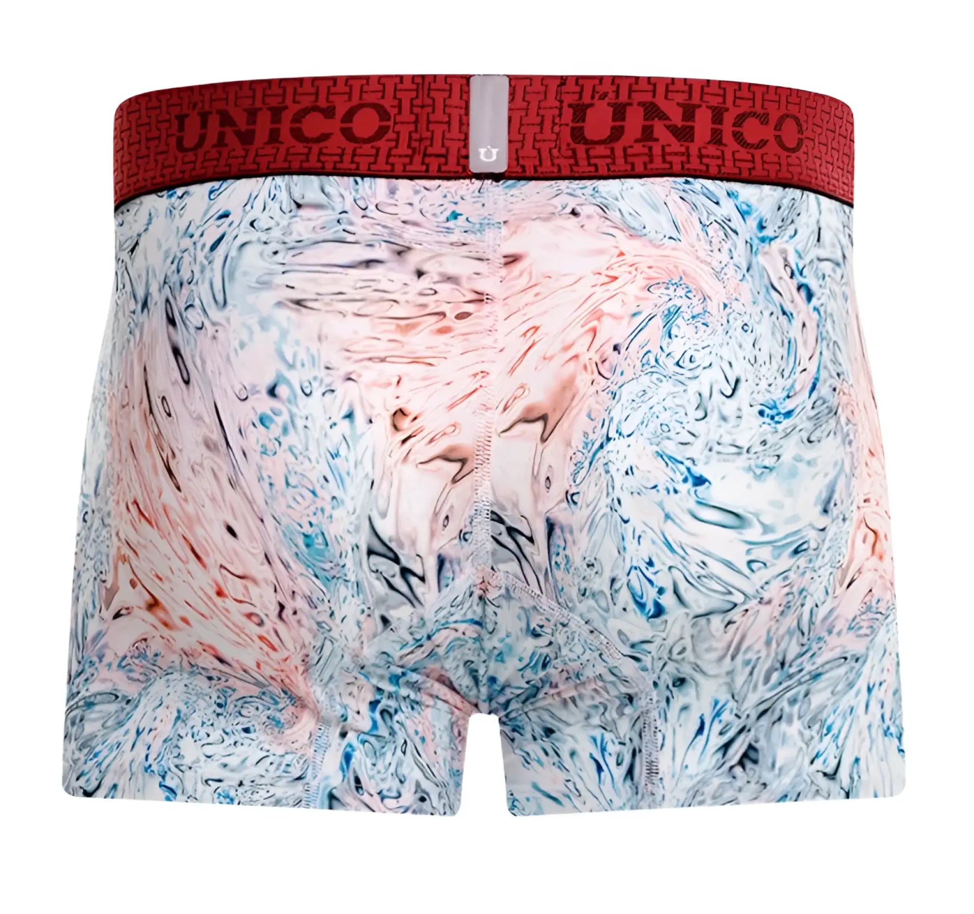 Unico 25020100103 rizo trunks men’s boxer briefs with vibrant blue pink white watercolor pattern and red waistband