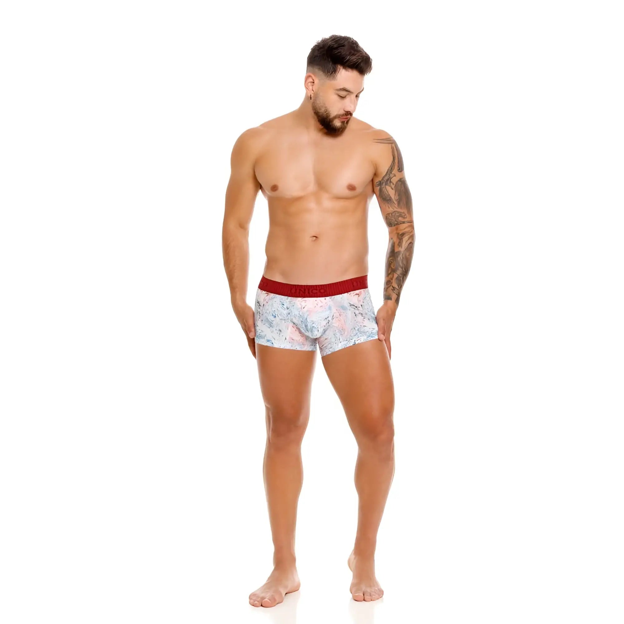 Men’s blanco boxer briefs with light pink and blue floral pattern and solid red waistband unico 25020100103 rizo trunks