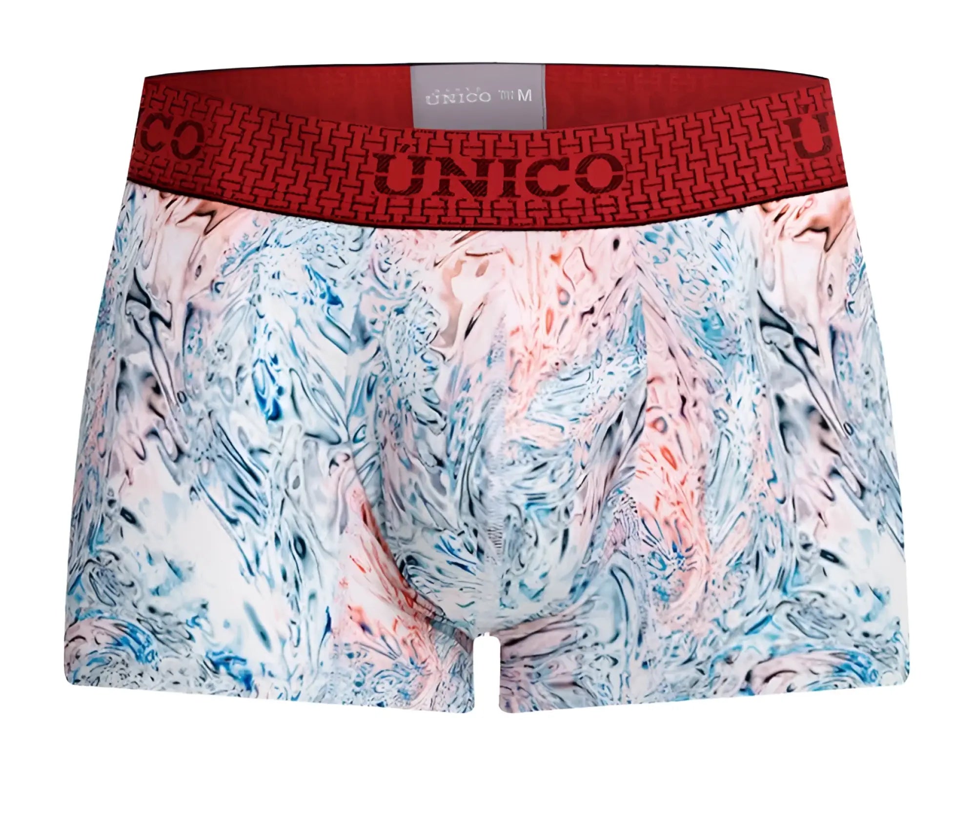 Unico 25020100103 rizo trunks men’s boxer briefs with vibrant blue pink white marble pattern and soft fabric waistband