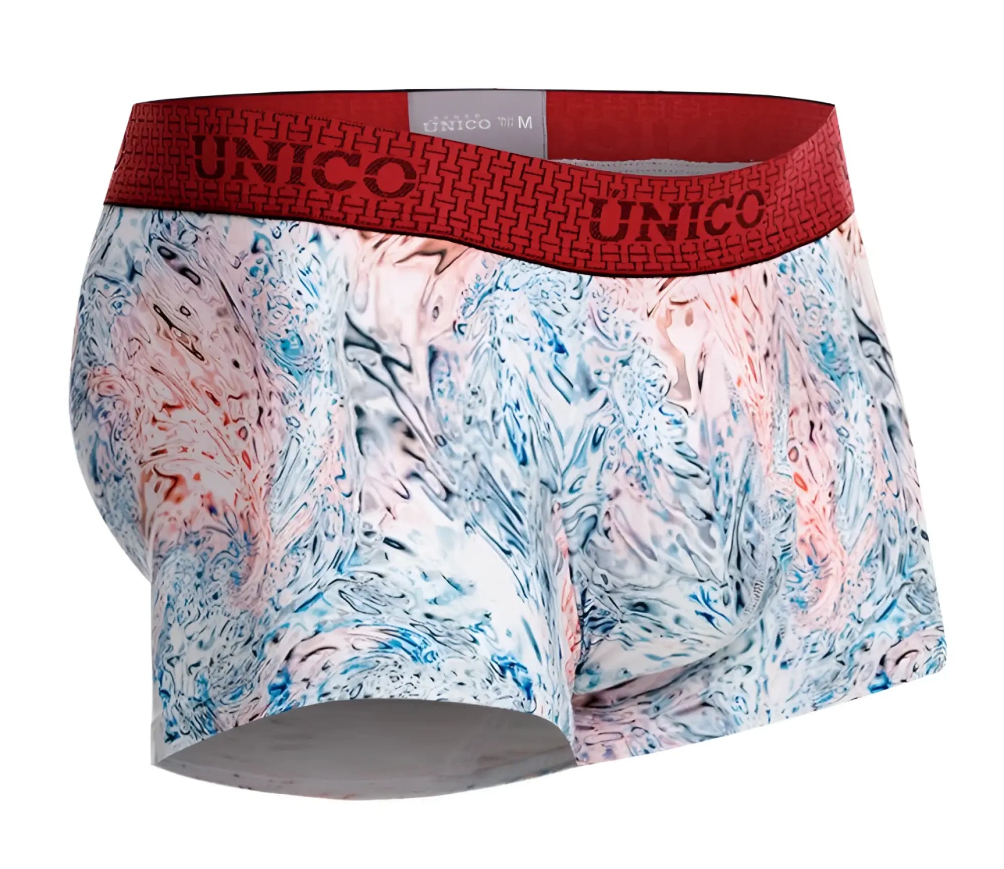 Unico 25020100103 Rizo trunks men’s boxer briefs with vibrant blue pink white marbled pattern and red branded waistband