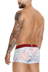 Unico 25020100103 Rizo trunks in white with a pink abstract pattern and red elastic waistband with Unico brand name