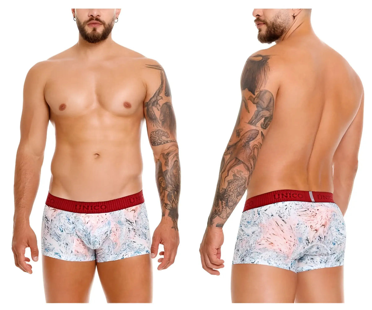 Unico 25020100103 rizo trunks briefs with white and pink abstract pattern and red elastic waistband featuring unico brand name