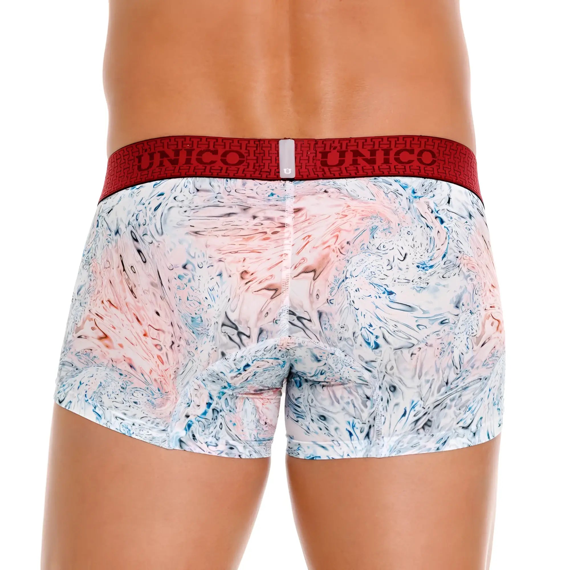 Red and white unico 25020100103 rizo trunks with swirling marble pattern in pink blue and gray on front side