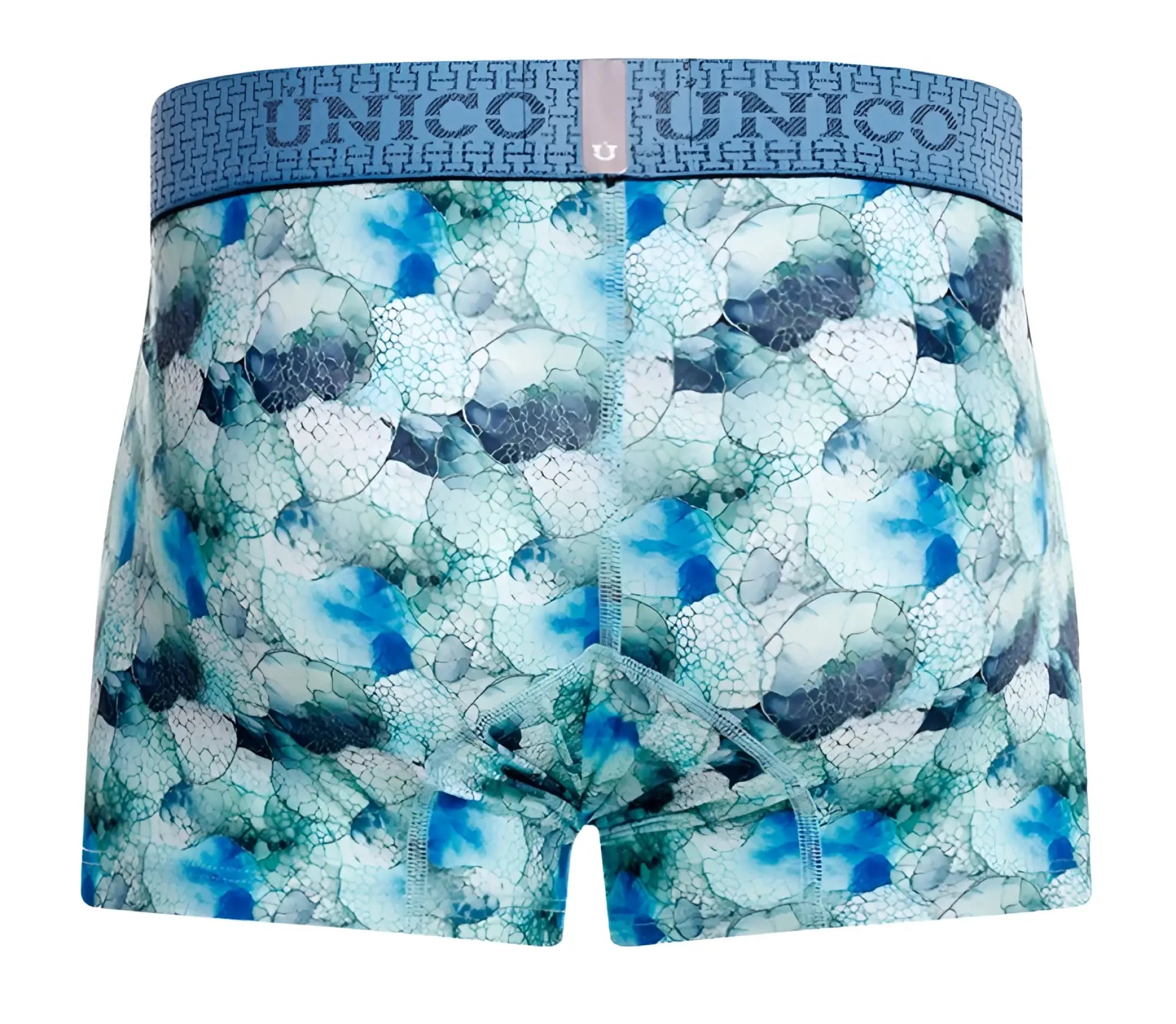 Blue and teal abstract bubble-patterned men’s boxer briefs with unico logo waistband unos 25020100104 abalón trunks