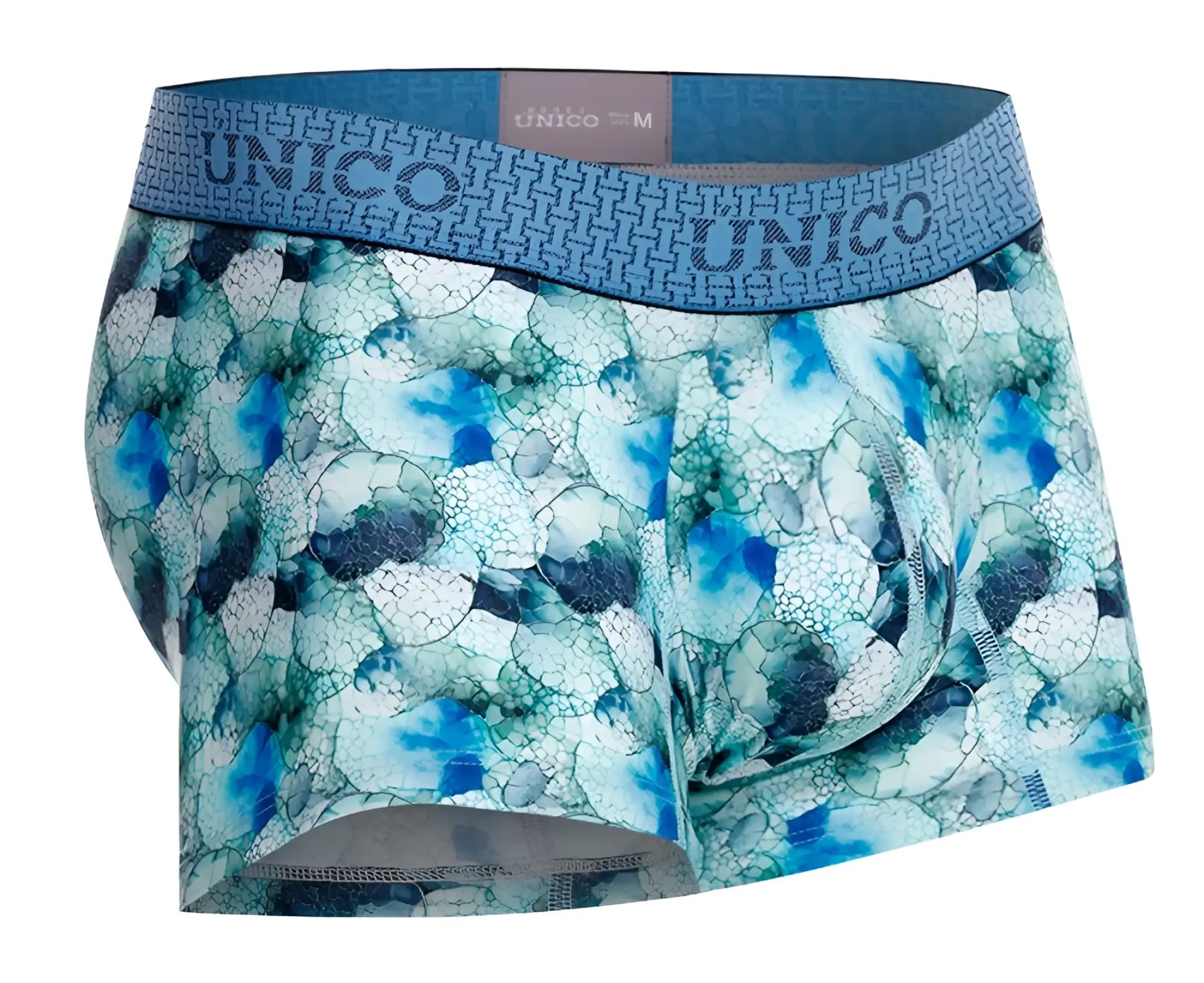 Unico 25020100104 Abalon trunks blue men’s boxer briefs with blue and teal pattern and geometric waistband