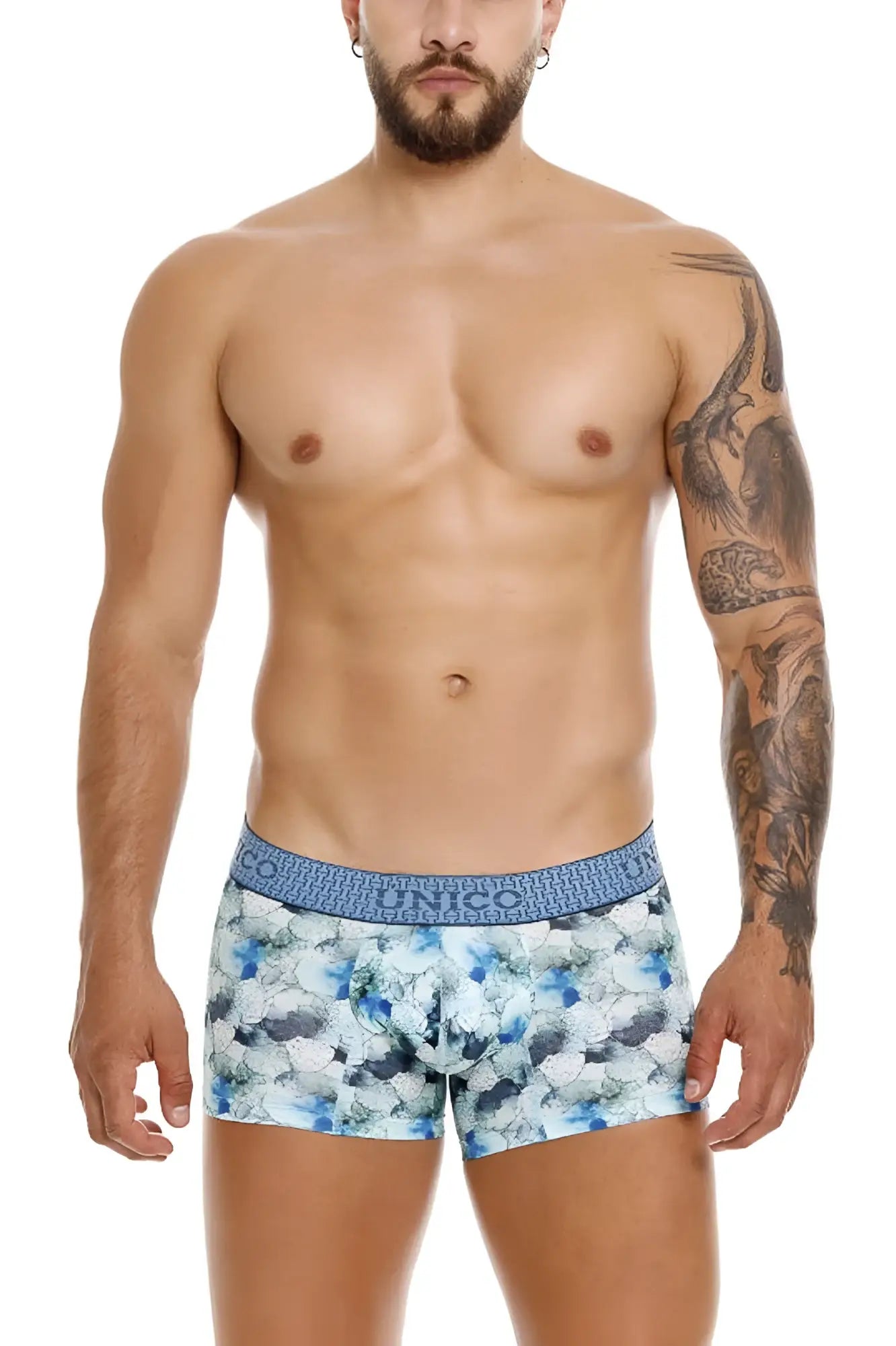 Blue and white floral patterned men’s briefs with branded elastic waistband uniko 25020100104 abalon trunks color 43-blue