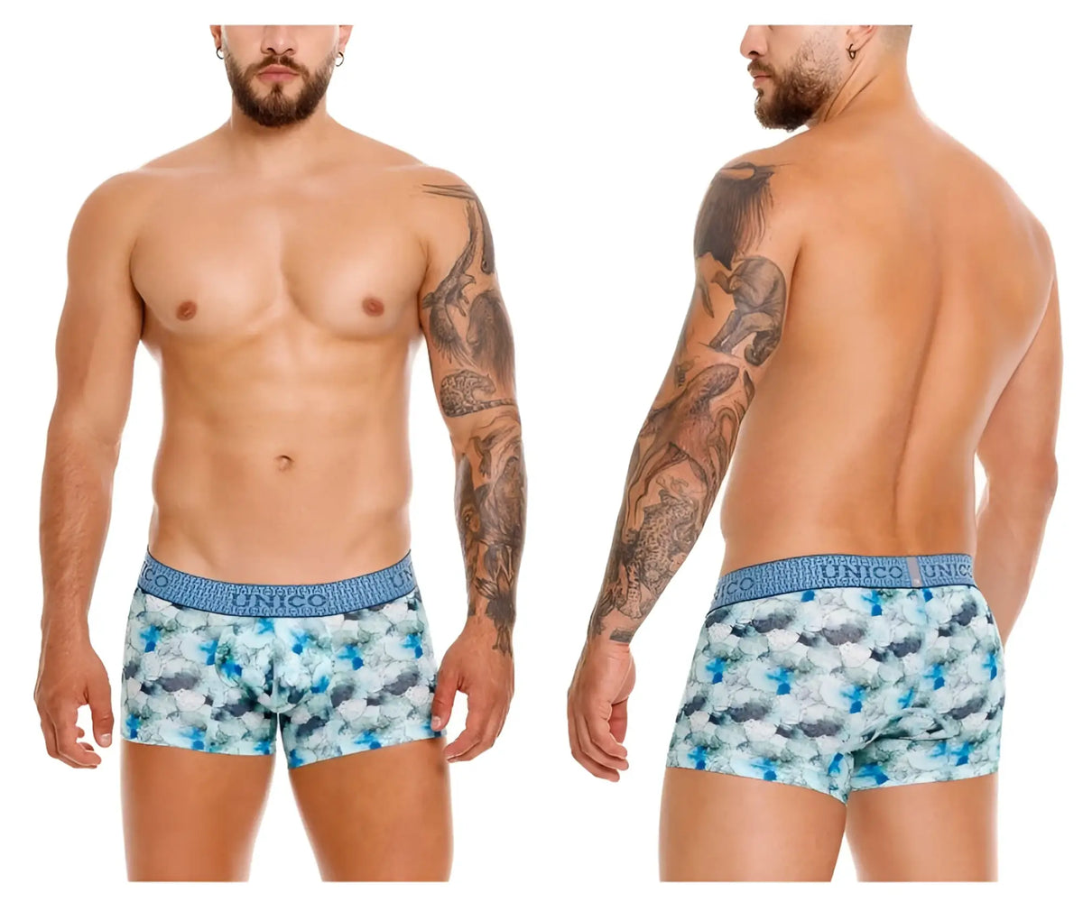 Unico 25020100104 abalon trunks blue floral patterned men’s briefs with textured elastic waistband and unico brand name