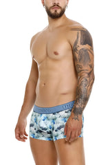 Blue and white floral patterned Unico Abalon trunks with textured elastic waistband color 43-blue