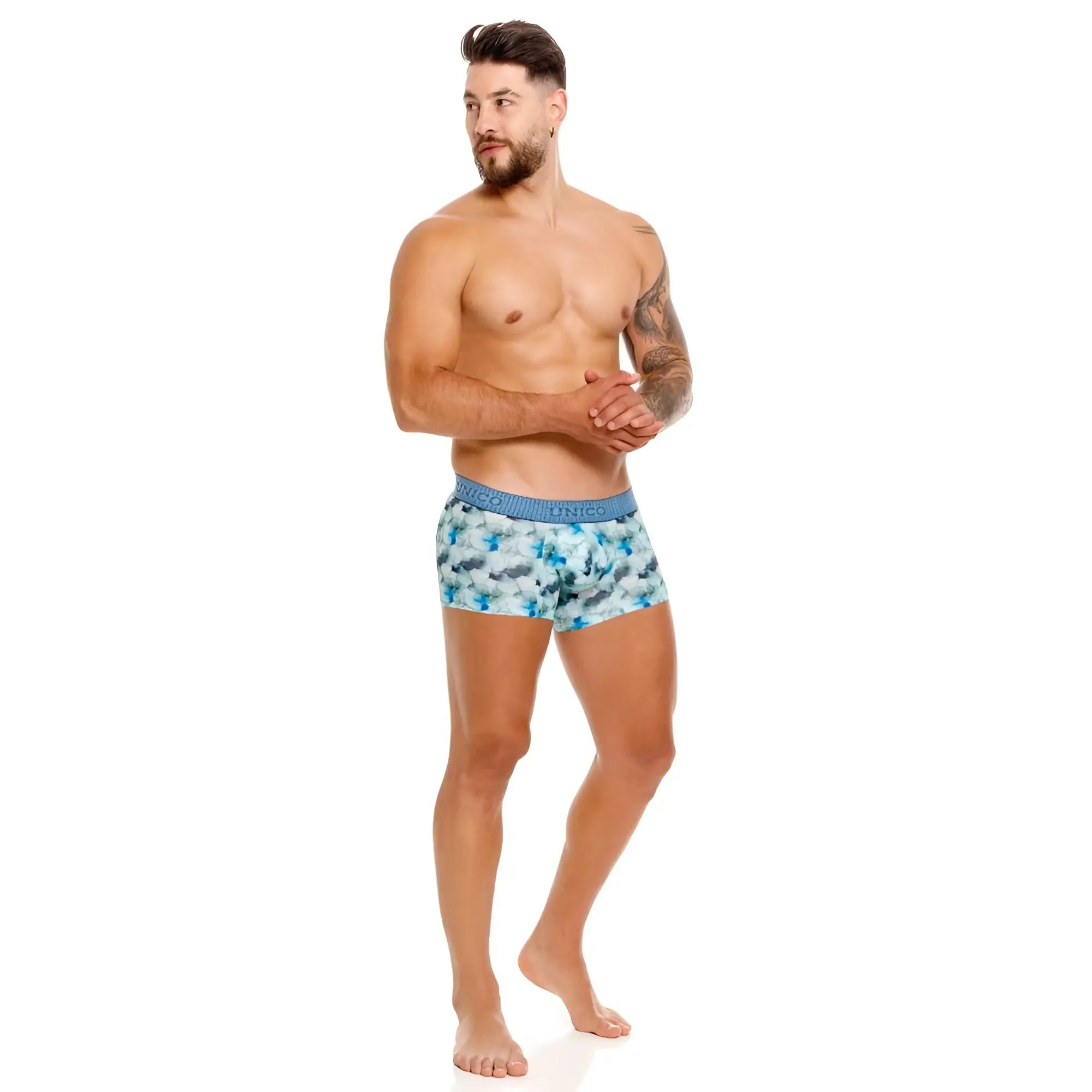 Unico 25020100104 abalon trunks blue and white patterned boxer briefs with solid blue waistband front view