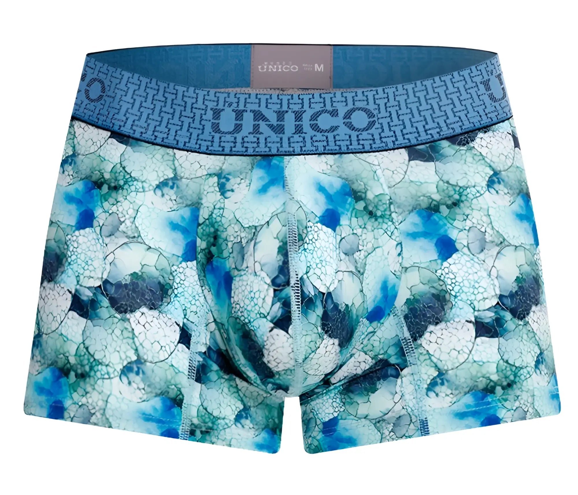 Unico 25020100104 Abalon blue and white patterned men’s boxer briefs with geometric waistband design