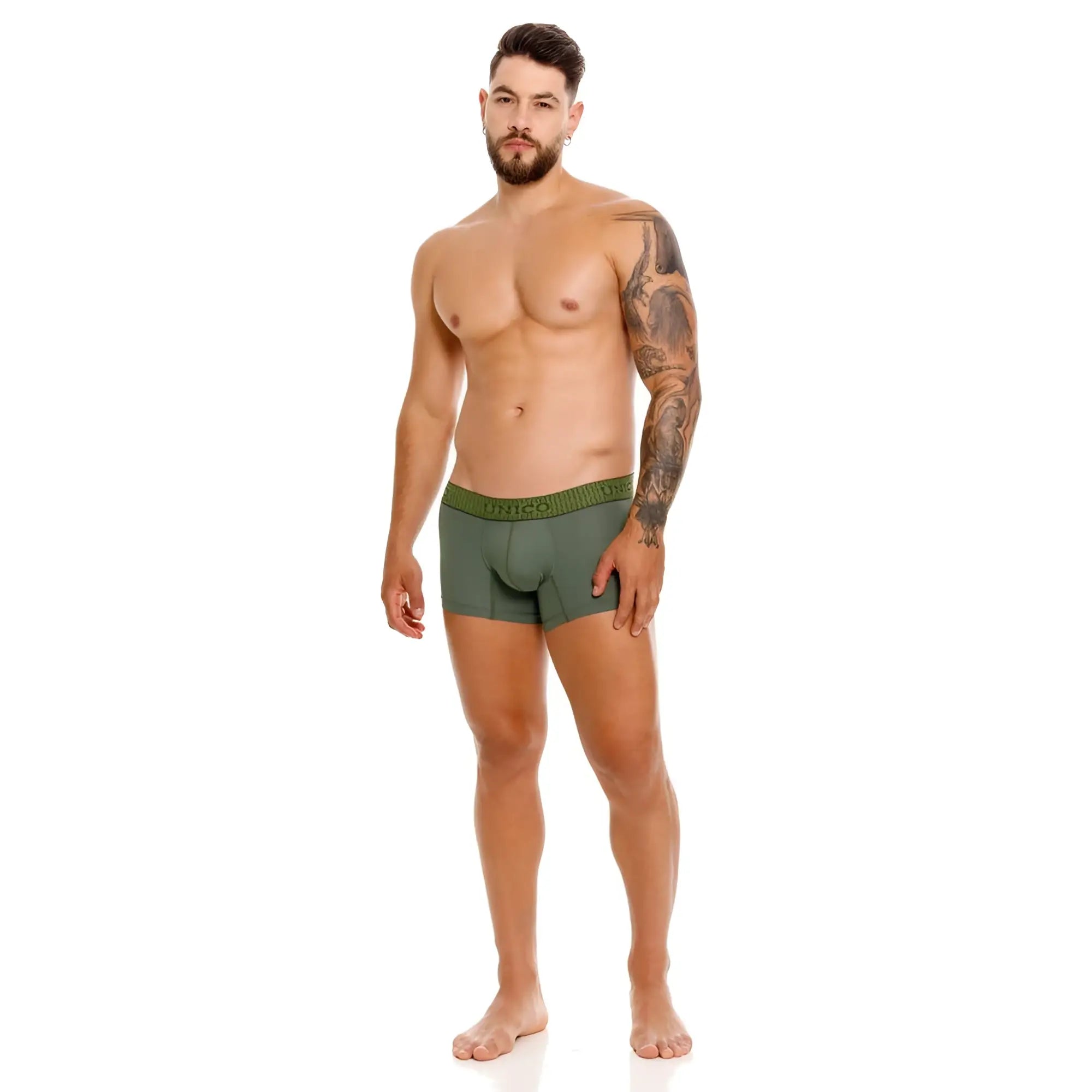 Men’s olive green Unico Glauco trunks boxer briefs with a branded waistband designed for comfort and style