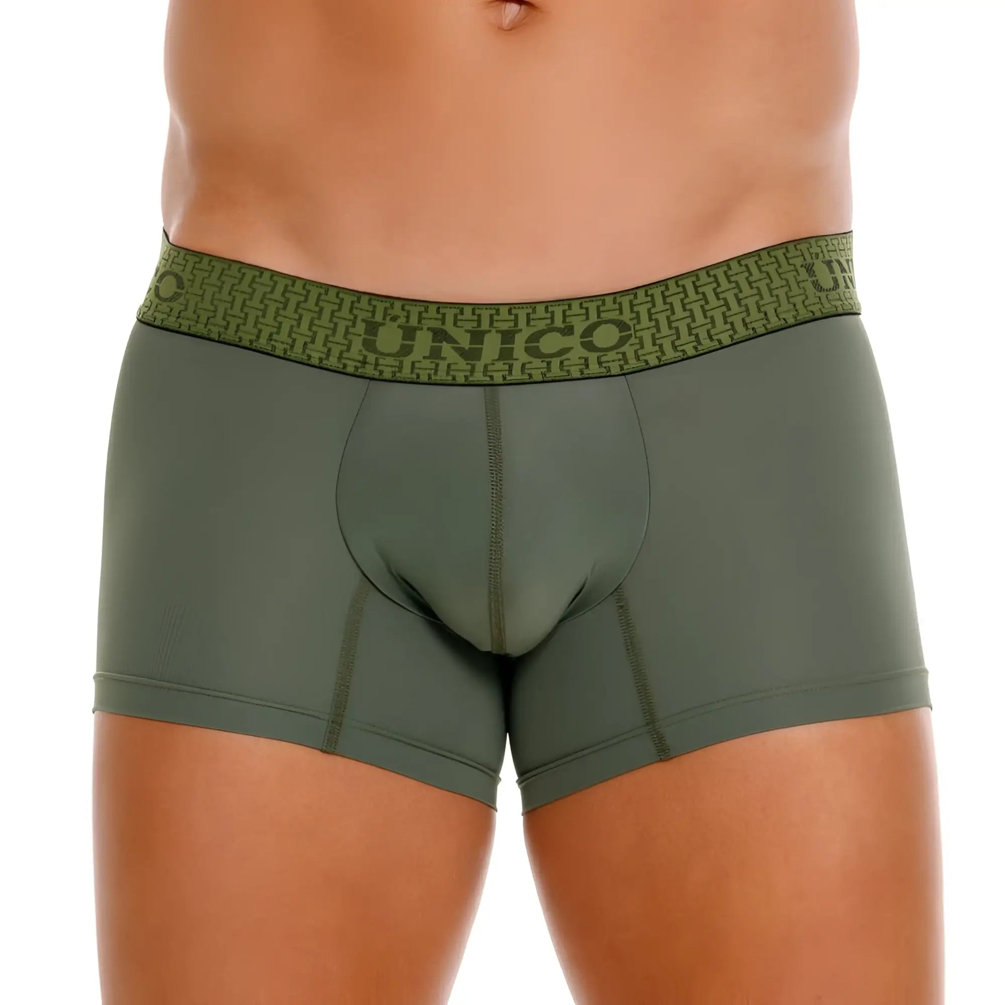 Olive green unico brand men’s boxer briefs with patterned waistband featuring brand name and geometric design