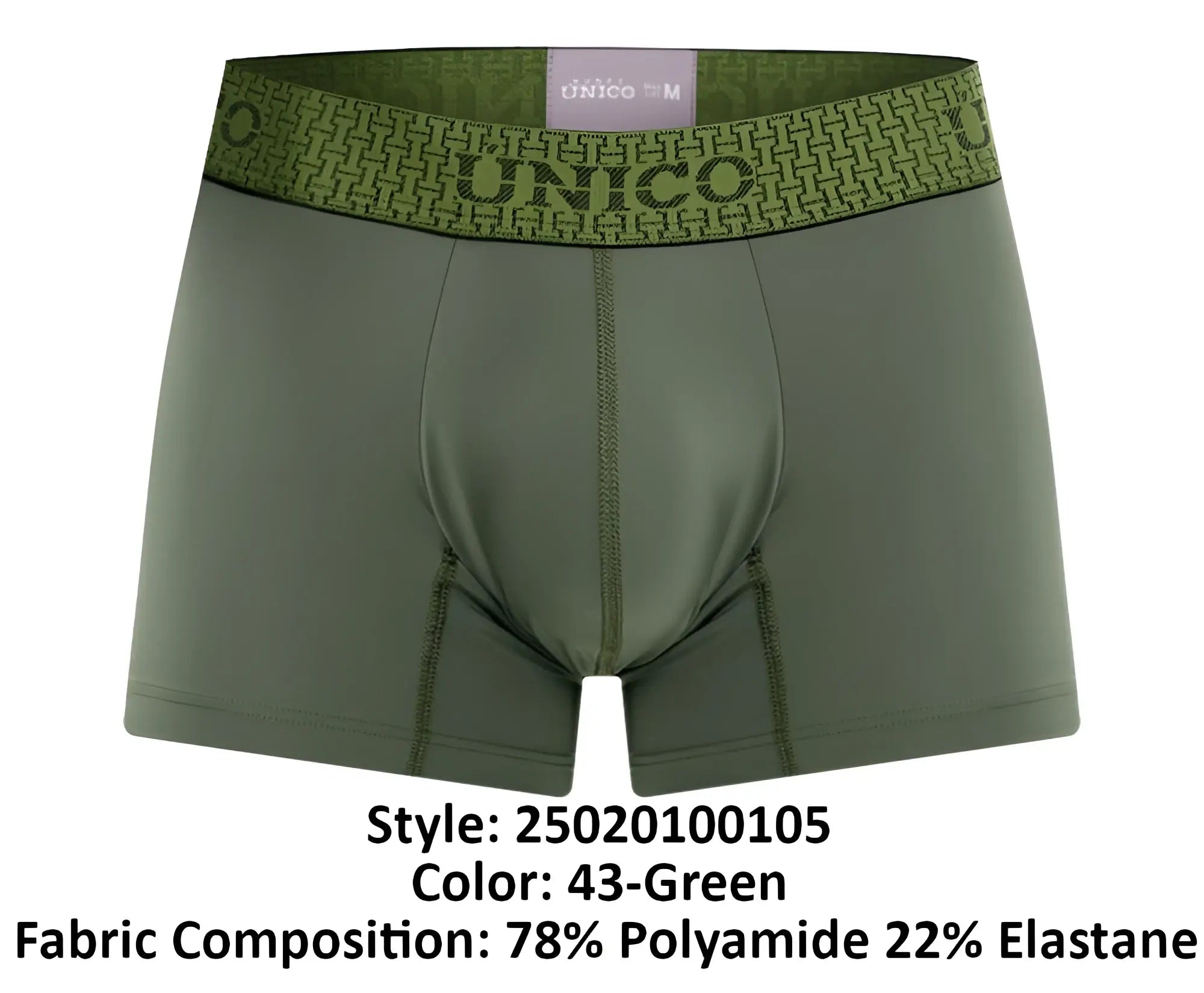Olive green unico men’s boxer briefs with patterned waistband featuring brand name and logo unico 25020100105 glauco trunks