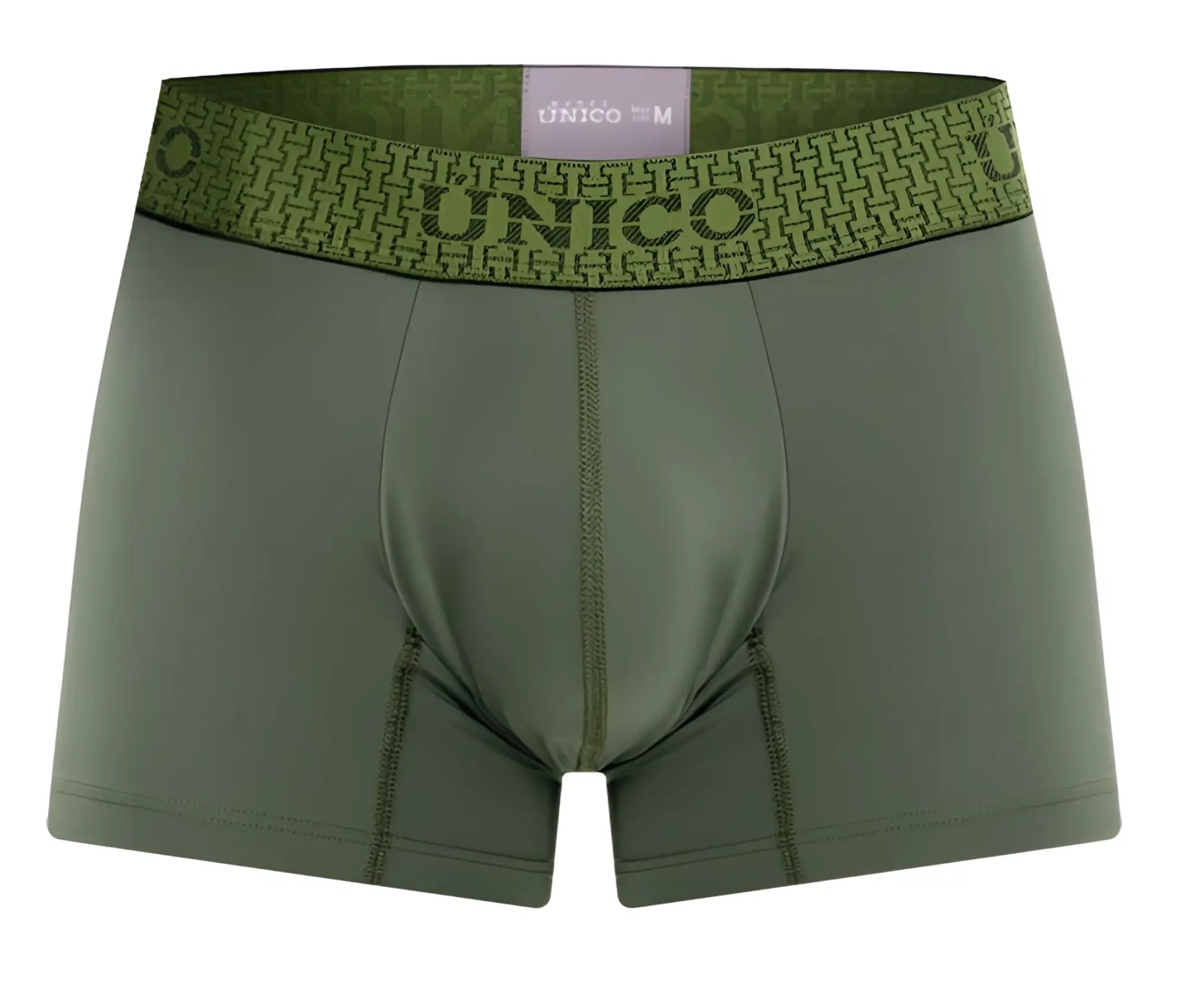 Olive green unico 25020100105 glauco trunks men’s boxer briefs with patterned waistband and size label visible