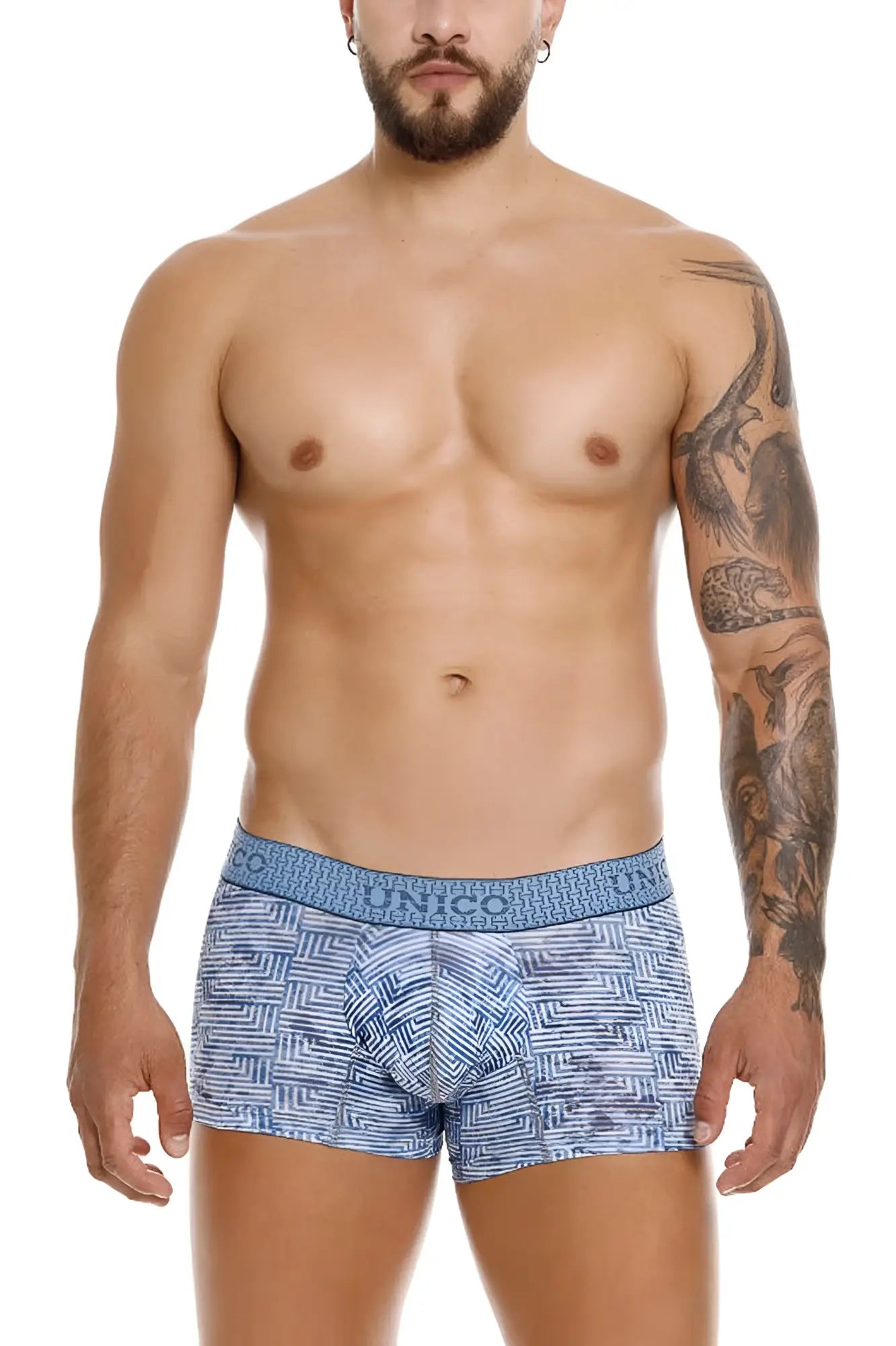 Blue patterned Unico 25020100111 Ostion trunks with geometric design and branded waistband in color 46-blue