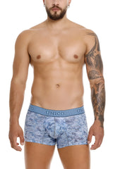 Blue patterned Unico 25020100111 Ostion trunks with geometric design and branded waistband in color 46-blue
