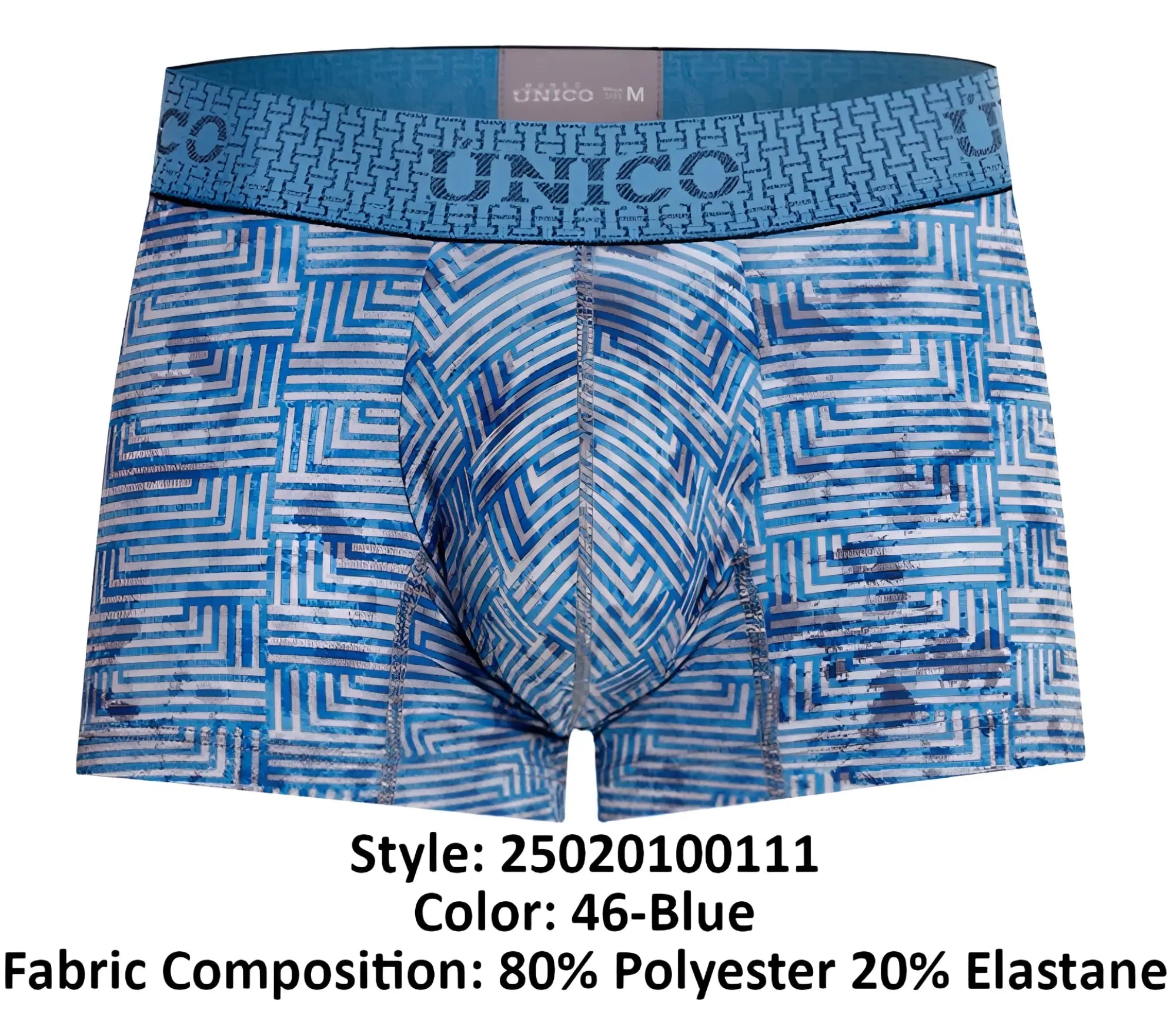 Blue patterned men’s boxer briefs with geometric design and elastic waistband unico 25020100111 ostion trunks color 46-blue