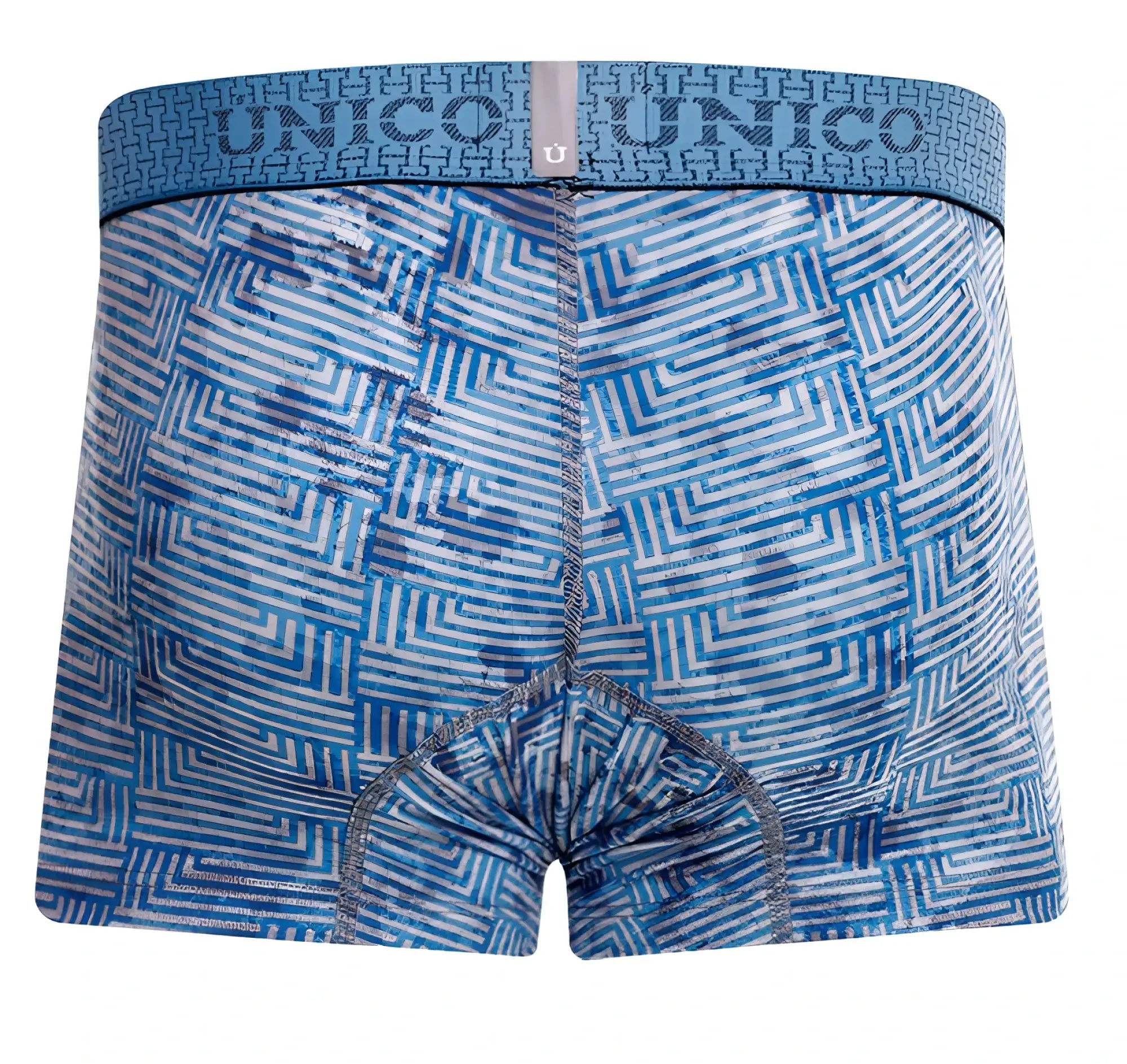 Unico 25020100111 Ostion trunks in blue feature white geometric patterns and a matching elastic waistband