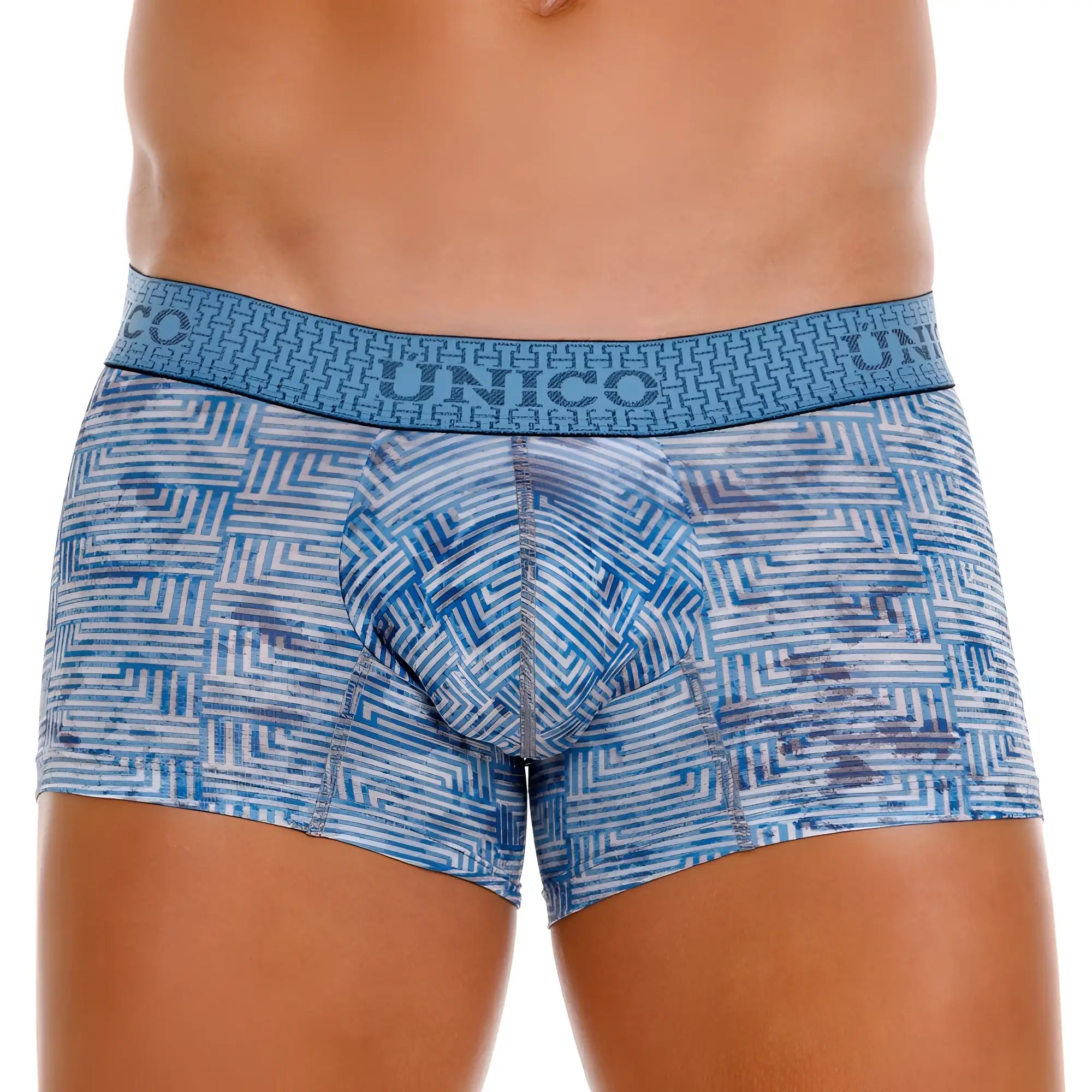 Unico 25020100111 ostion blue men’s boxer briefs with blue and white geometric pattern and matching elastic waistband