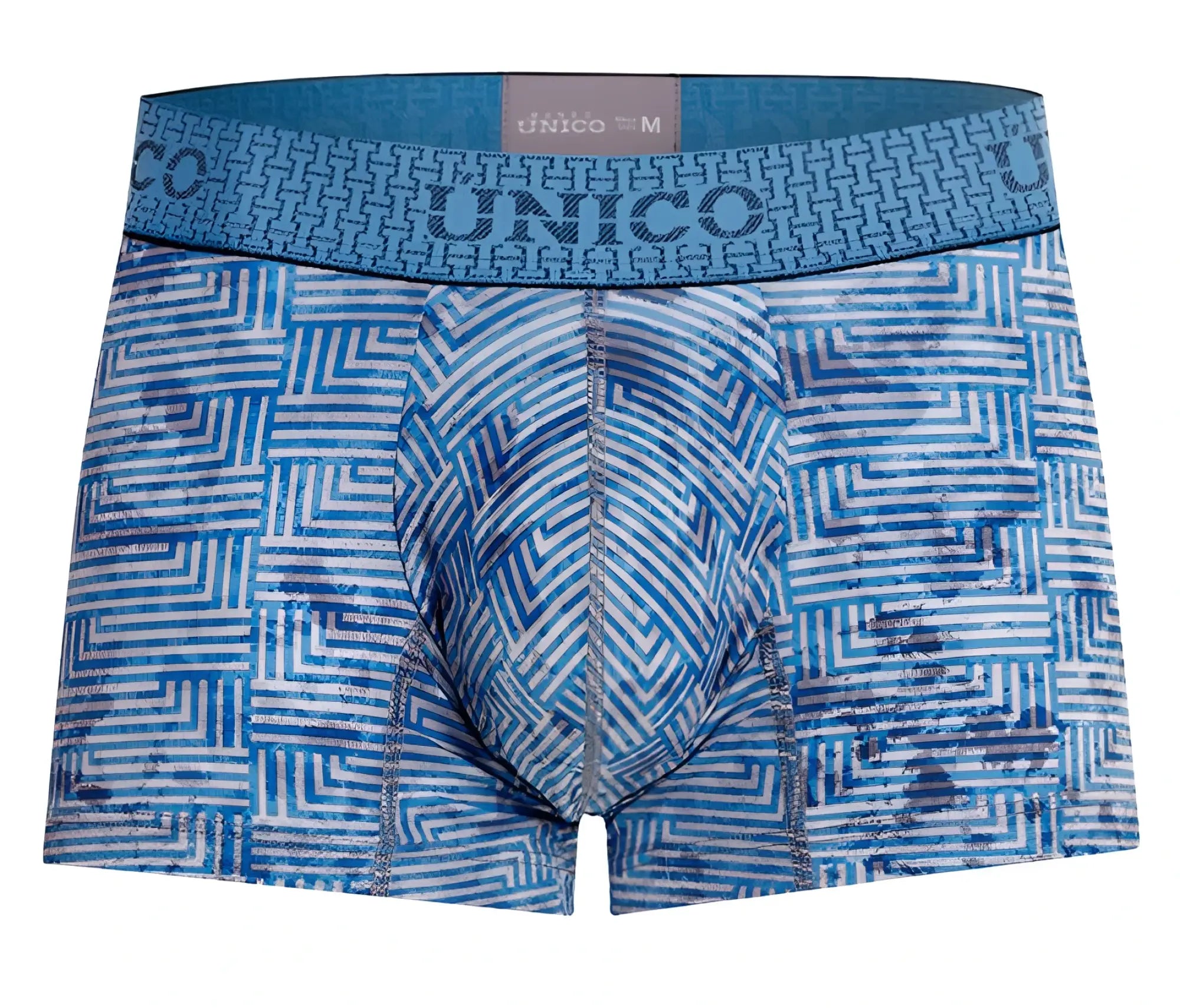 Blue and white geometric patterned unico 25020100111 ostion trunks men’s boxer briefs with matching elastic waistband