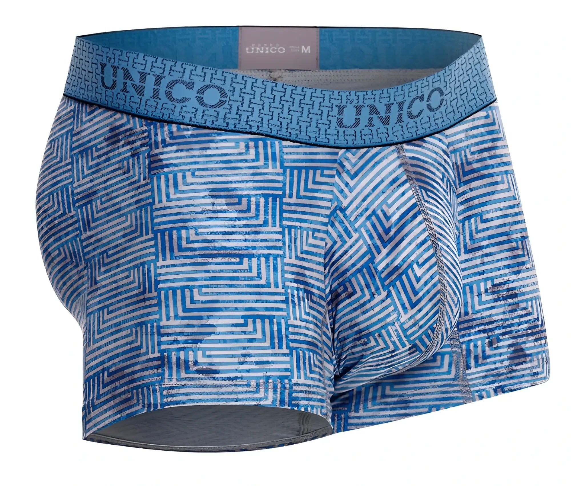 Blue and white geometric patterned men’s boxer briefs with branded elastic waistband ostion trunks color 46-blue