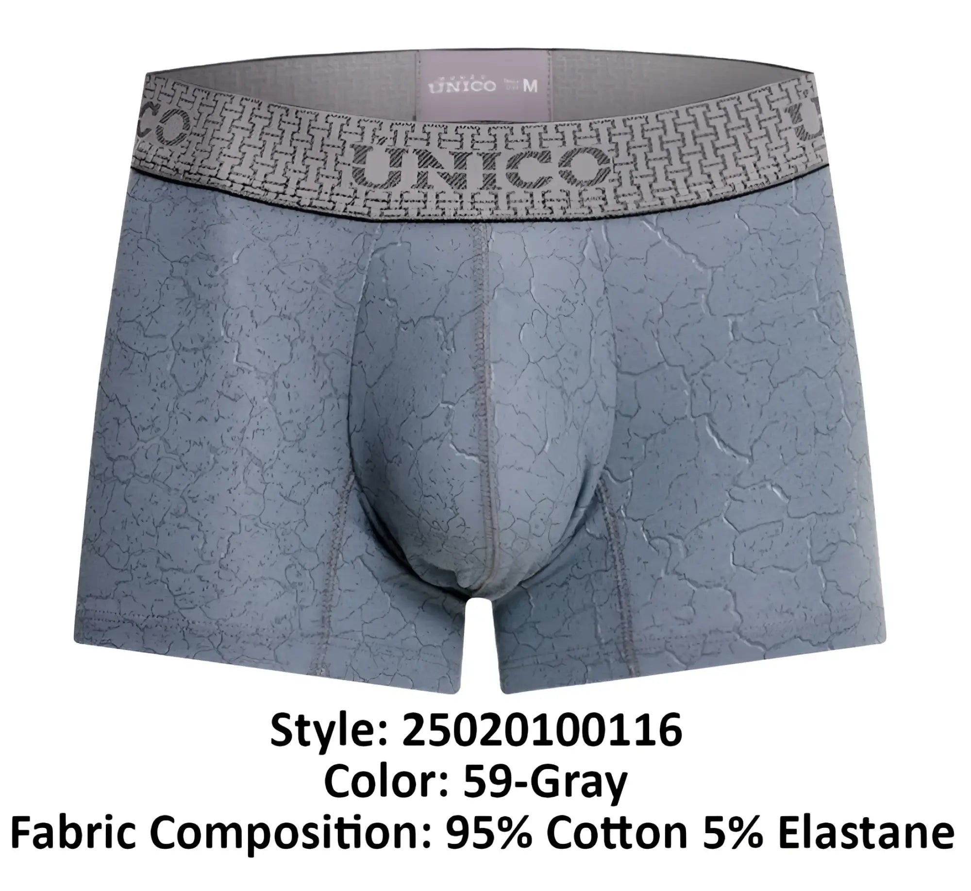 Gray unico 25020100116 baldio trunks men’s boxer briefs with cracked texture and matching branded waistband